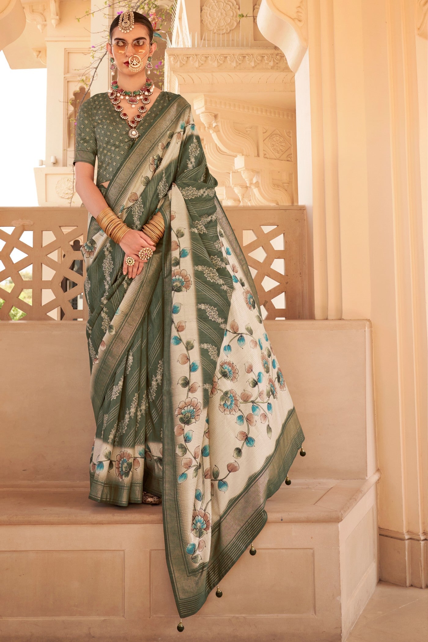 Buy MySilkLove Hemlock Green Floral Printed Banarasi Saree Online