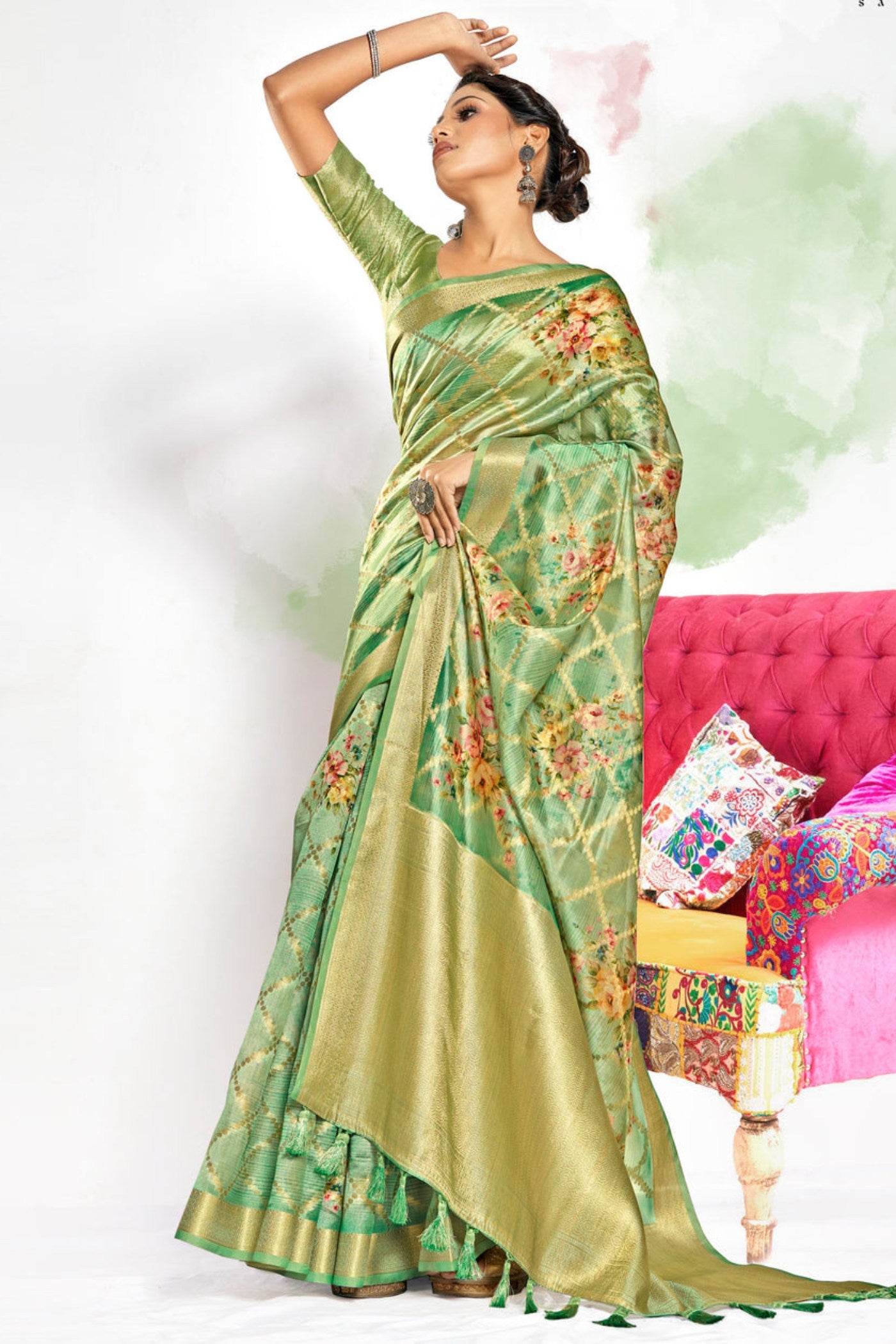 Buy MySilkLove Olive Green Digital Printed Banarasi Saree Online