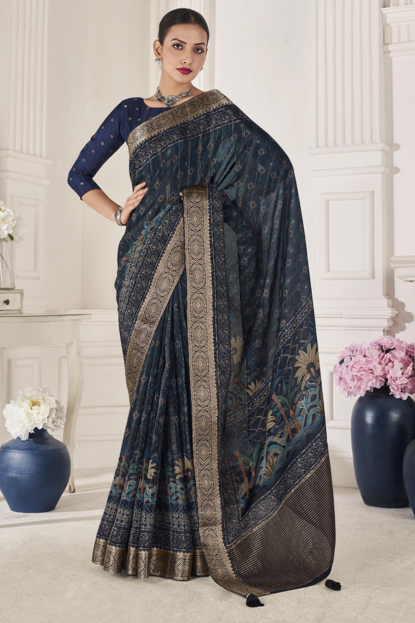 Buy MySilkLove Ebony Clay Blue Banarasi Silk Saree Online