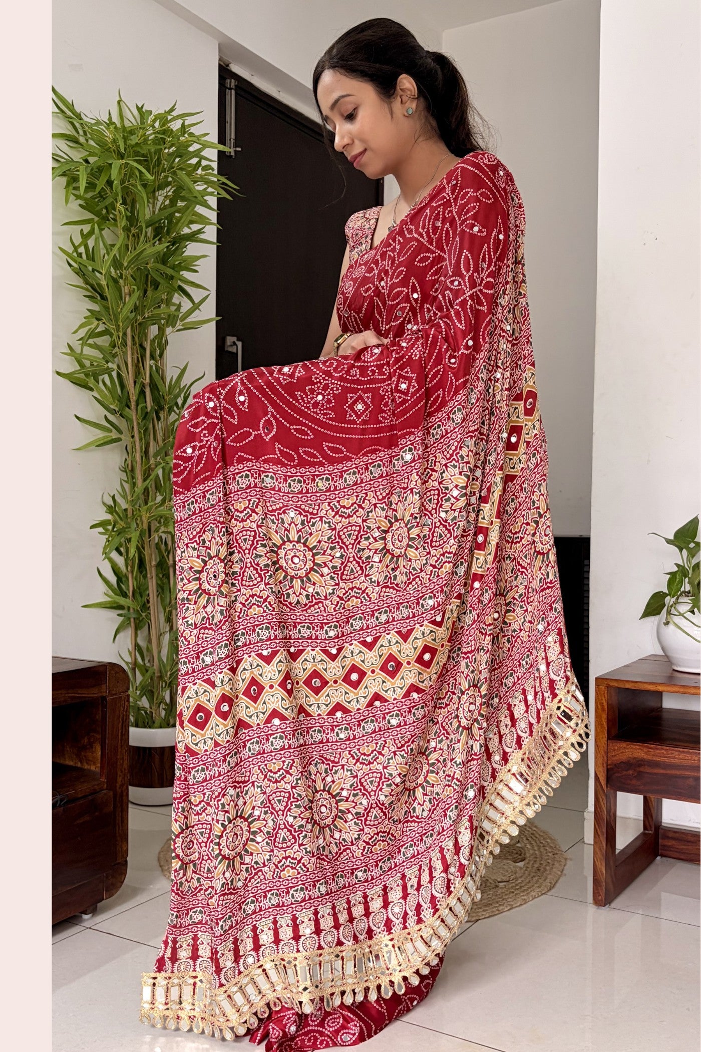 Buy MySilkLove Bittersweet Red Modal Ajrakh Satin Printed Mirror Work Saree Online