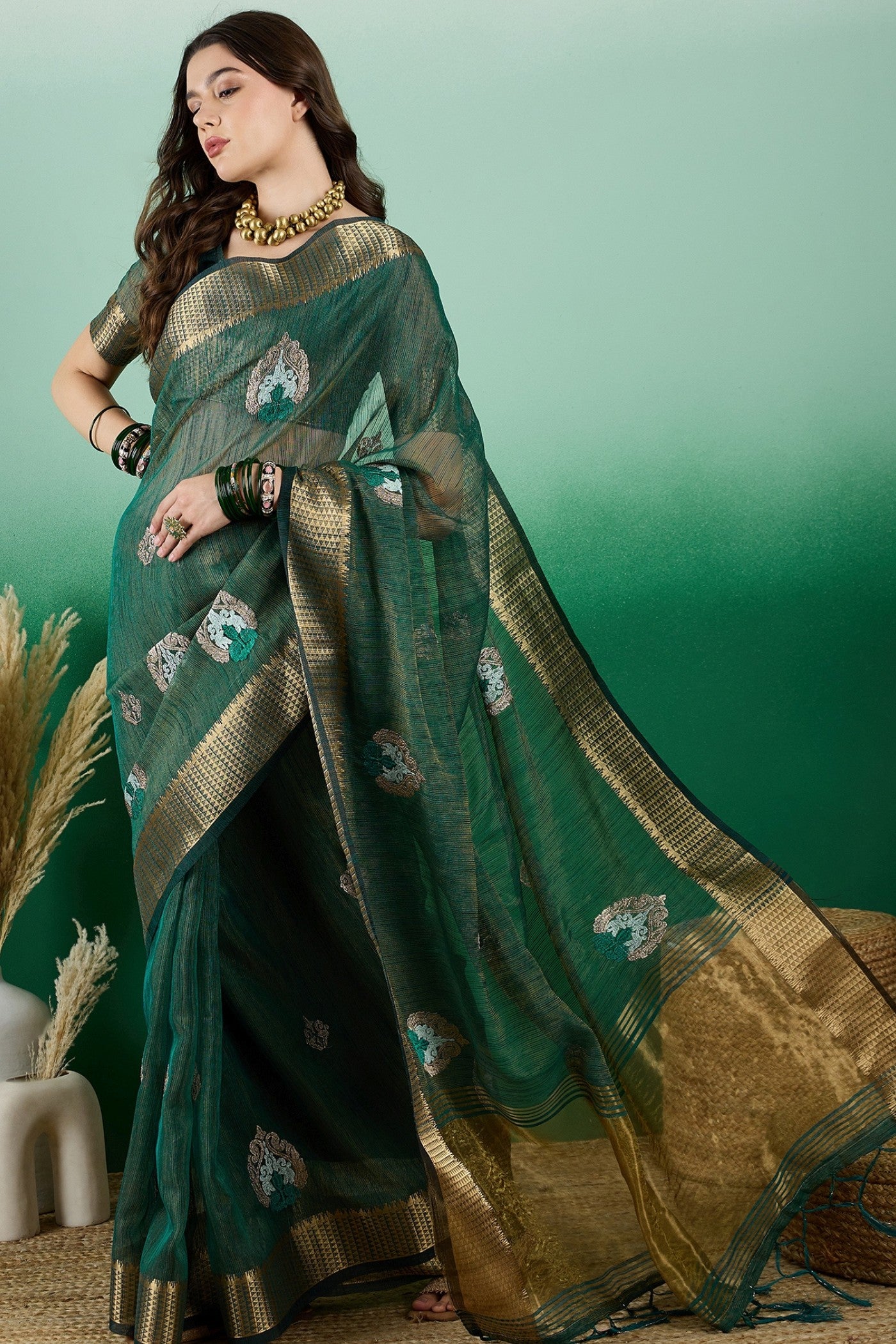 Buy MySilkLove Everglade Green Khadi Organza Saree Online