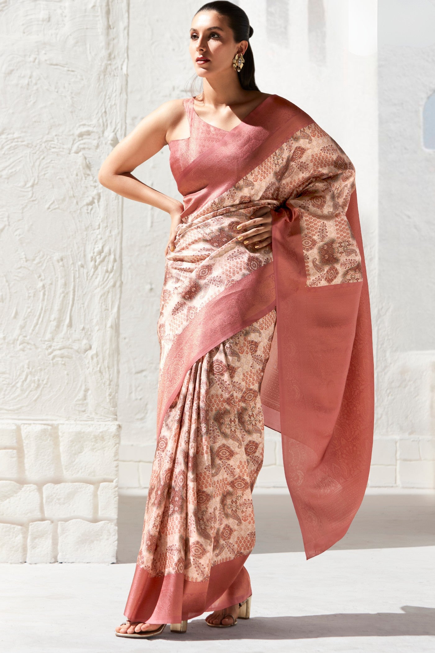 Buy MySilkLove Wewak Peach Banarasi Digital Printed Saree Online