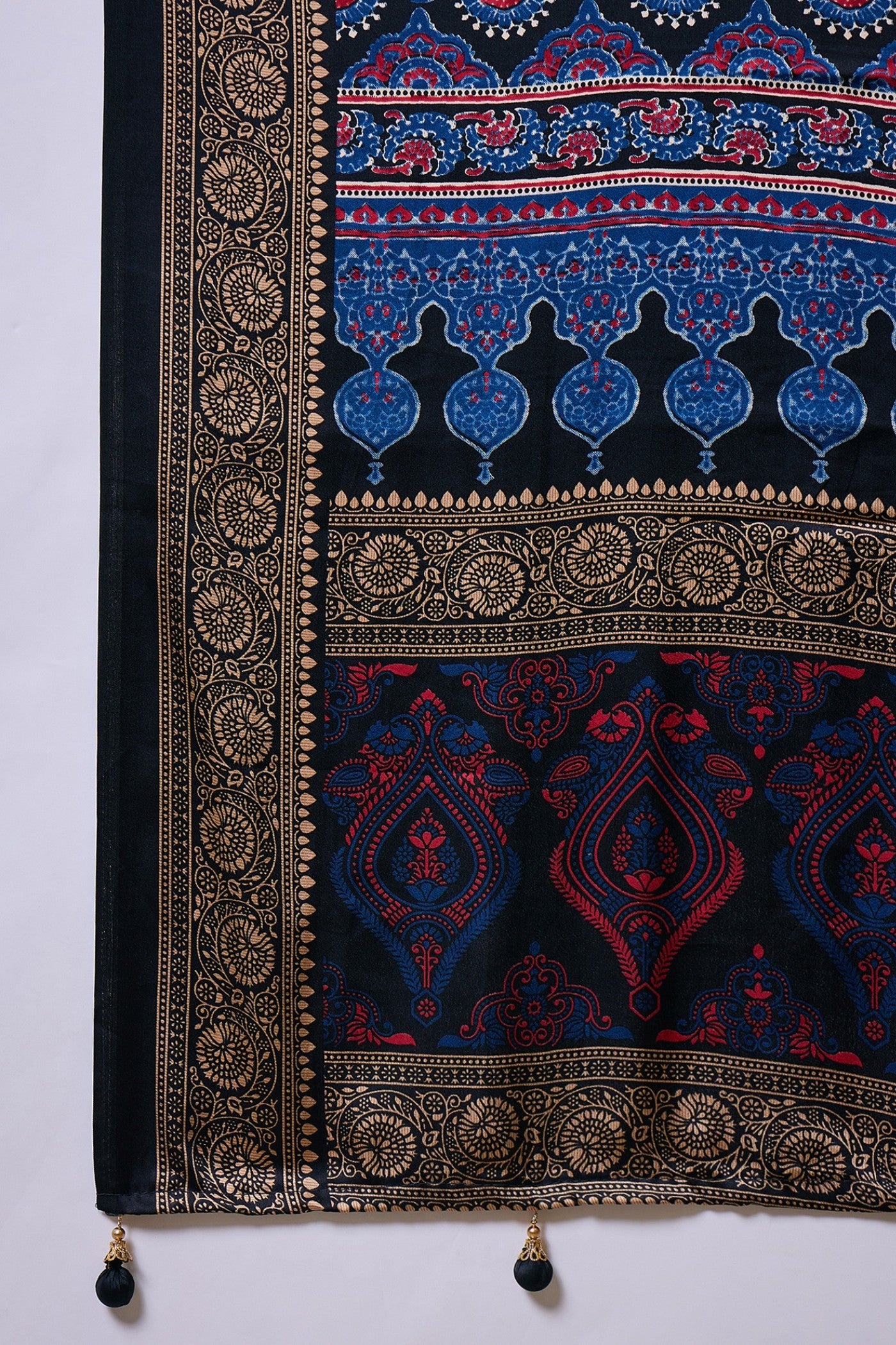 Buy MySilkLove Holo Blue Ajrakh Printed Satin Crepe Silk Saree Online