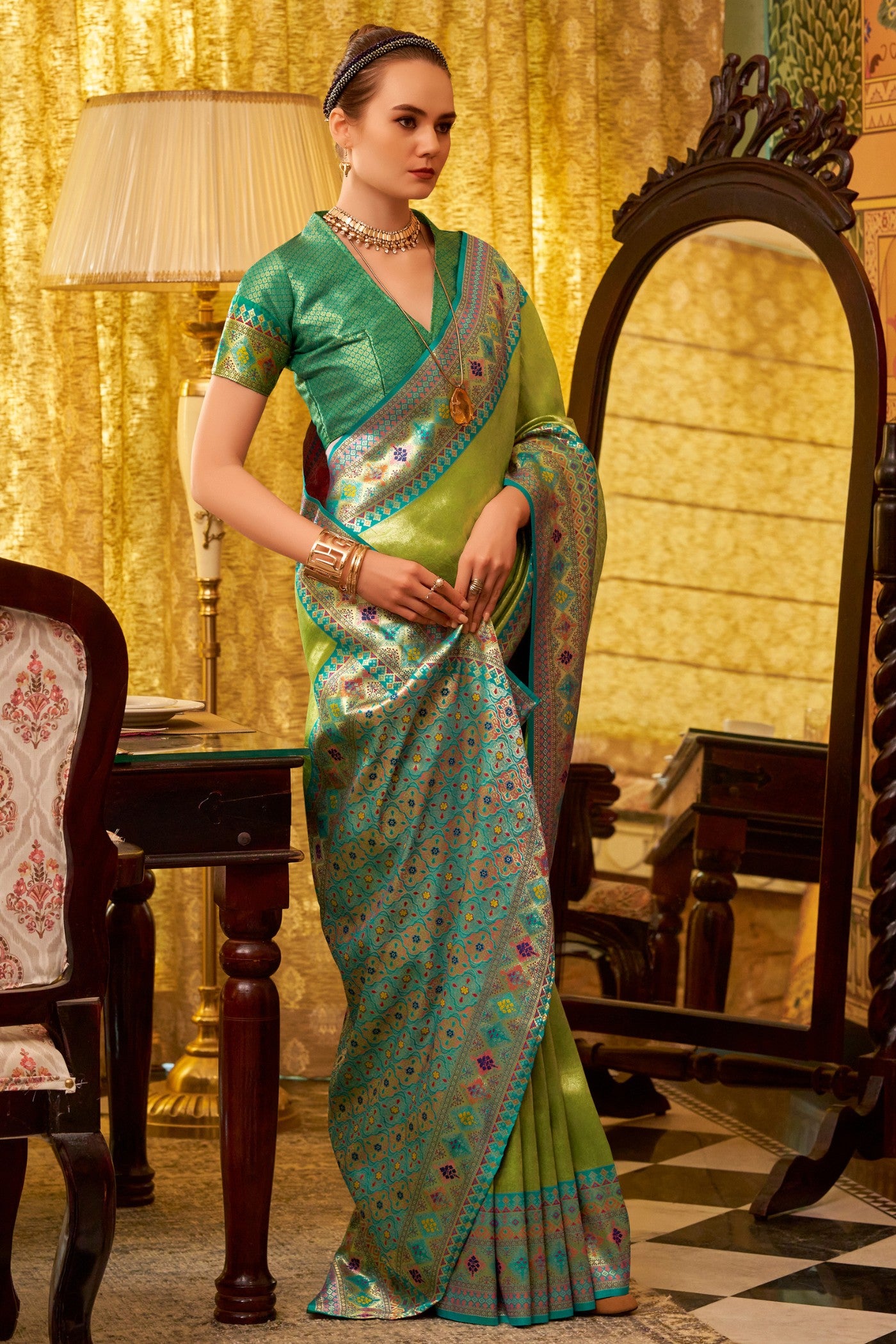 Buy MySilkLove Wild Willow Green Woven Tissue Silk Saree Online