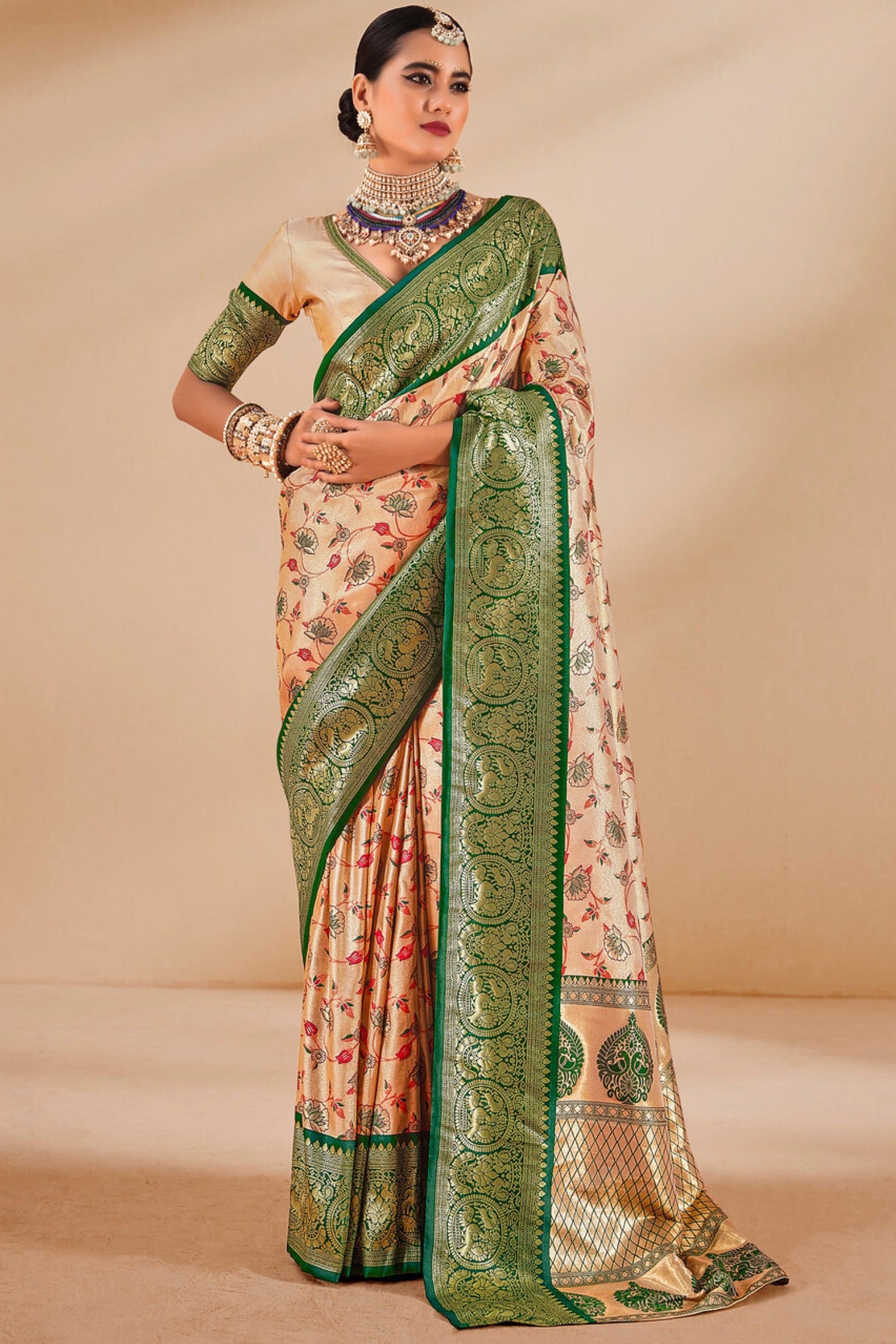 Buy MySilkLove Twine Cream and Green Zari Woven Banarasi Saree Online