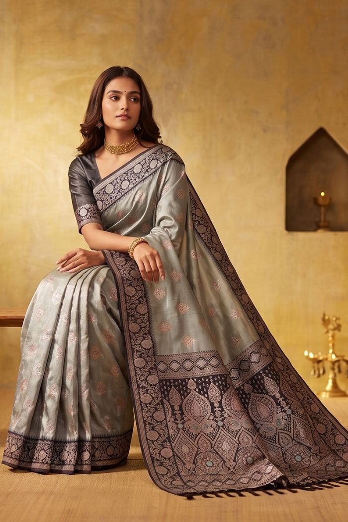 Buy MySilkLove Dove Grey Woven Banarasi Saree Online