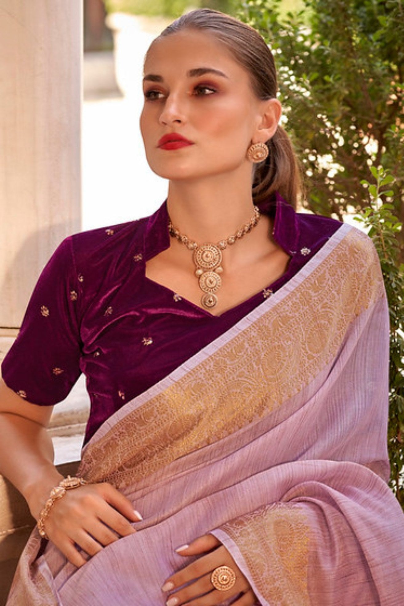 Buy MySilkLove Turkish Rose Purple Zari Woven Linen Saree Online