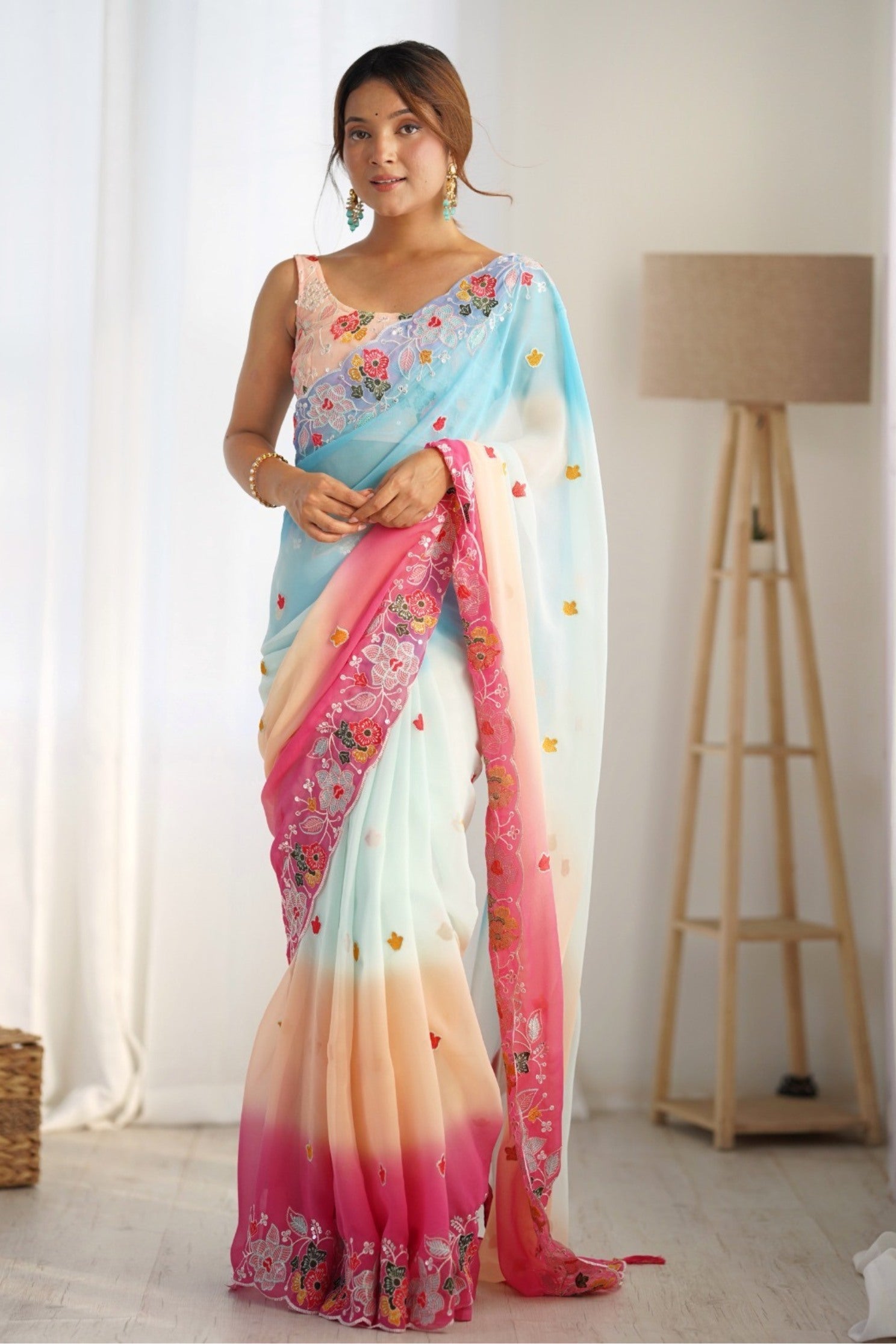 Buy MySilkLove Smokey Blue and Pink Georgette Saree Online