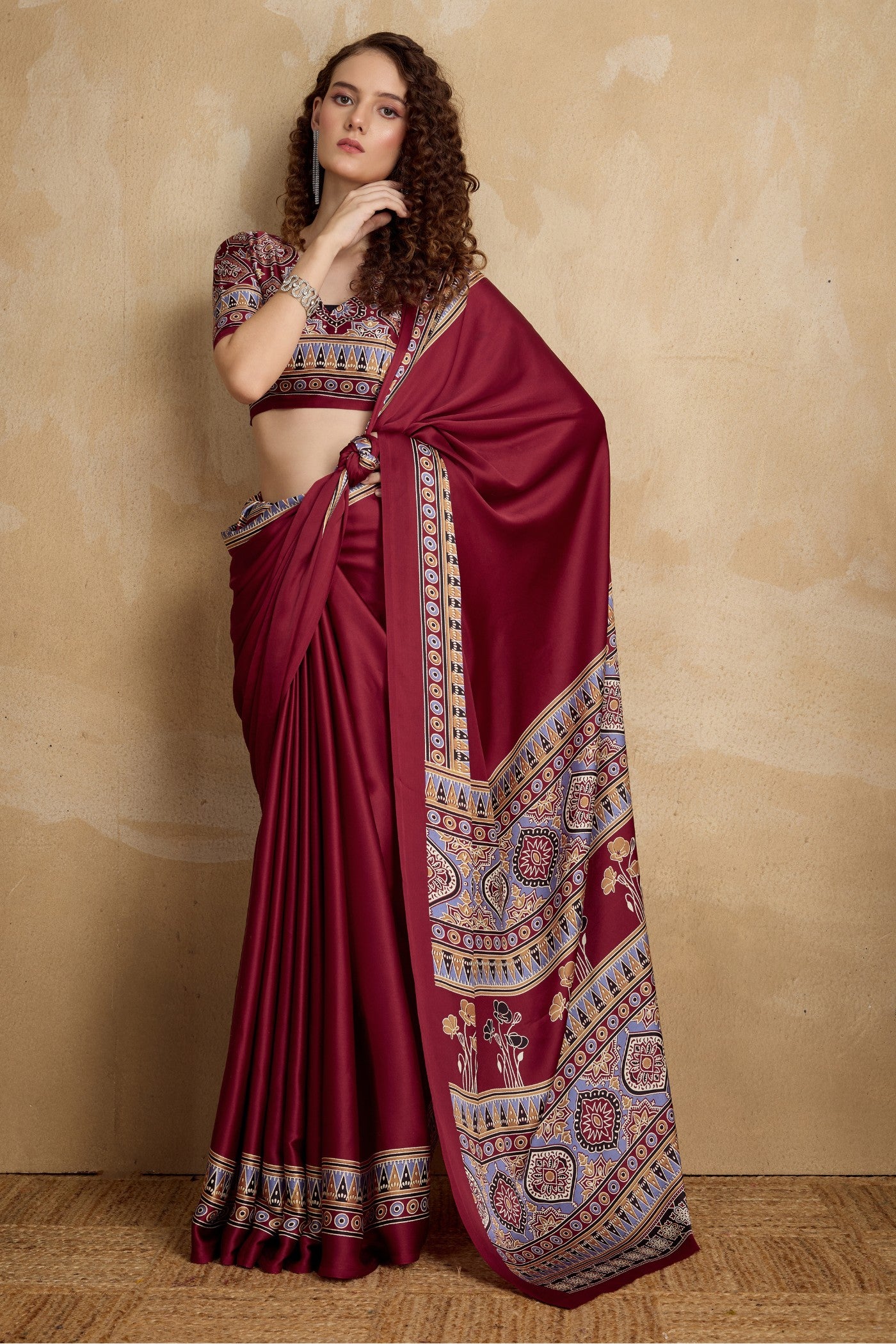 Buy MySilkLove Anemones Maroon Ajrakh Printed Satin Crepe Silk Saree Online