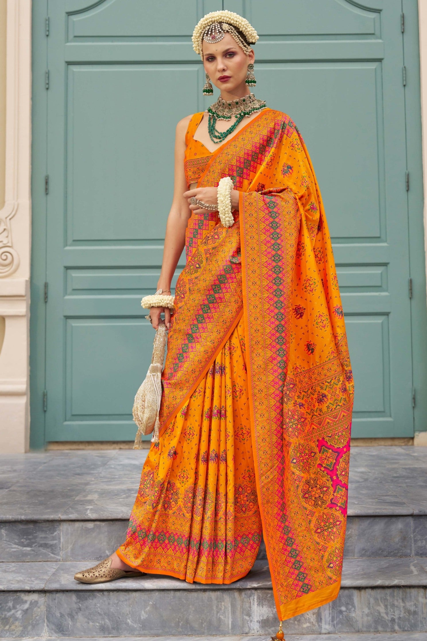 Buy MySilkLove Zest Orange Printed Kashmiri Jamewar Silk Saree Online