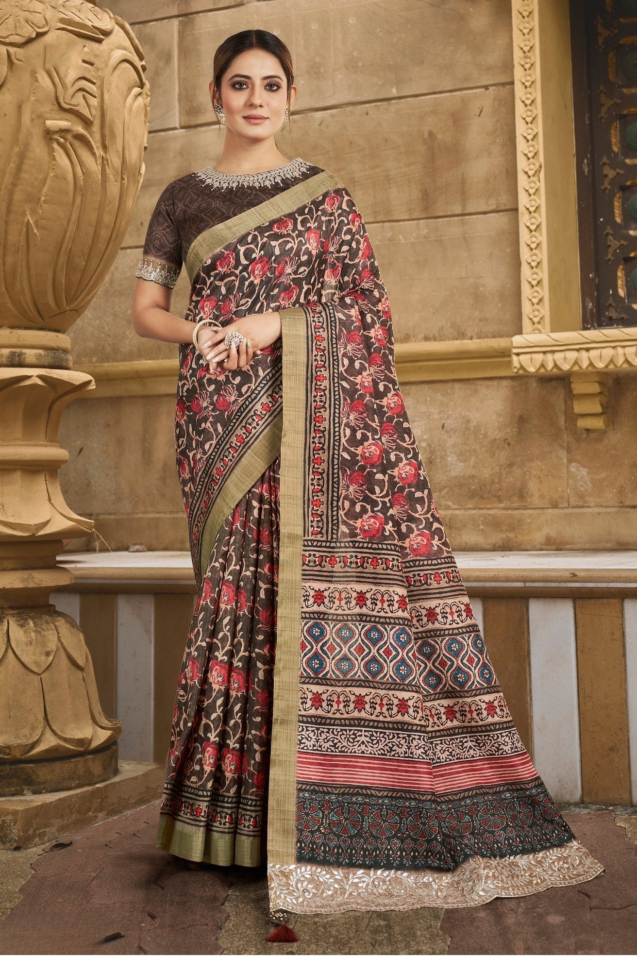 Buy MySilkLove Roman Coffee Brown Banarasi Designer Saree Online