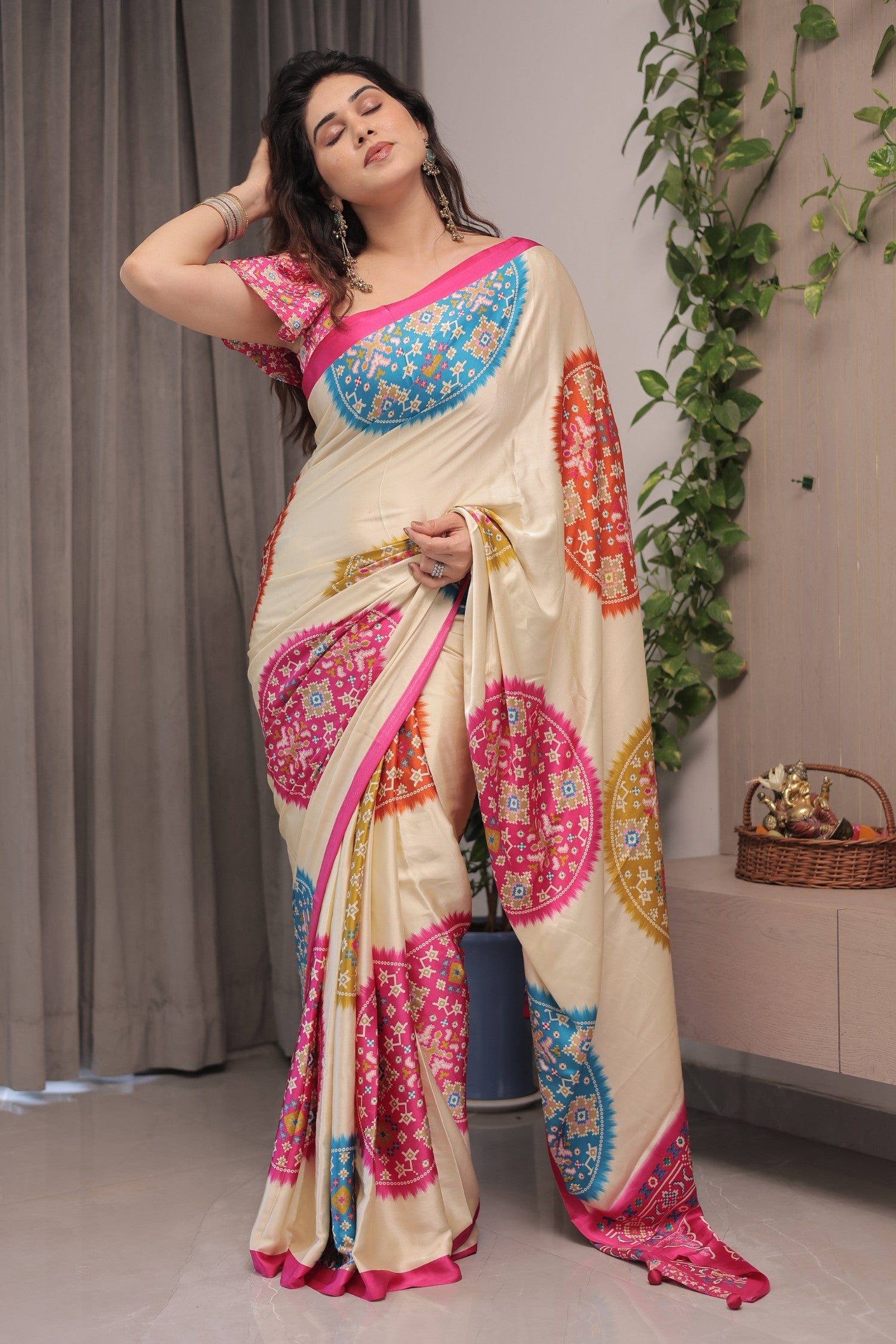 Buy MySilkLove Vanilla Cream and Pink Modal Ajrakh Printed Silk Saree Online