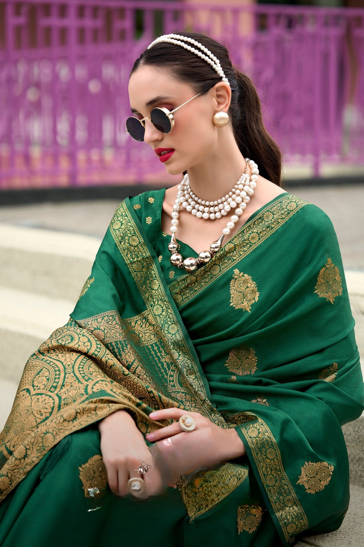 Buy MySilkLove Genoa Green Banarasi Handloom Satin Saree Online