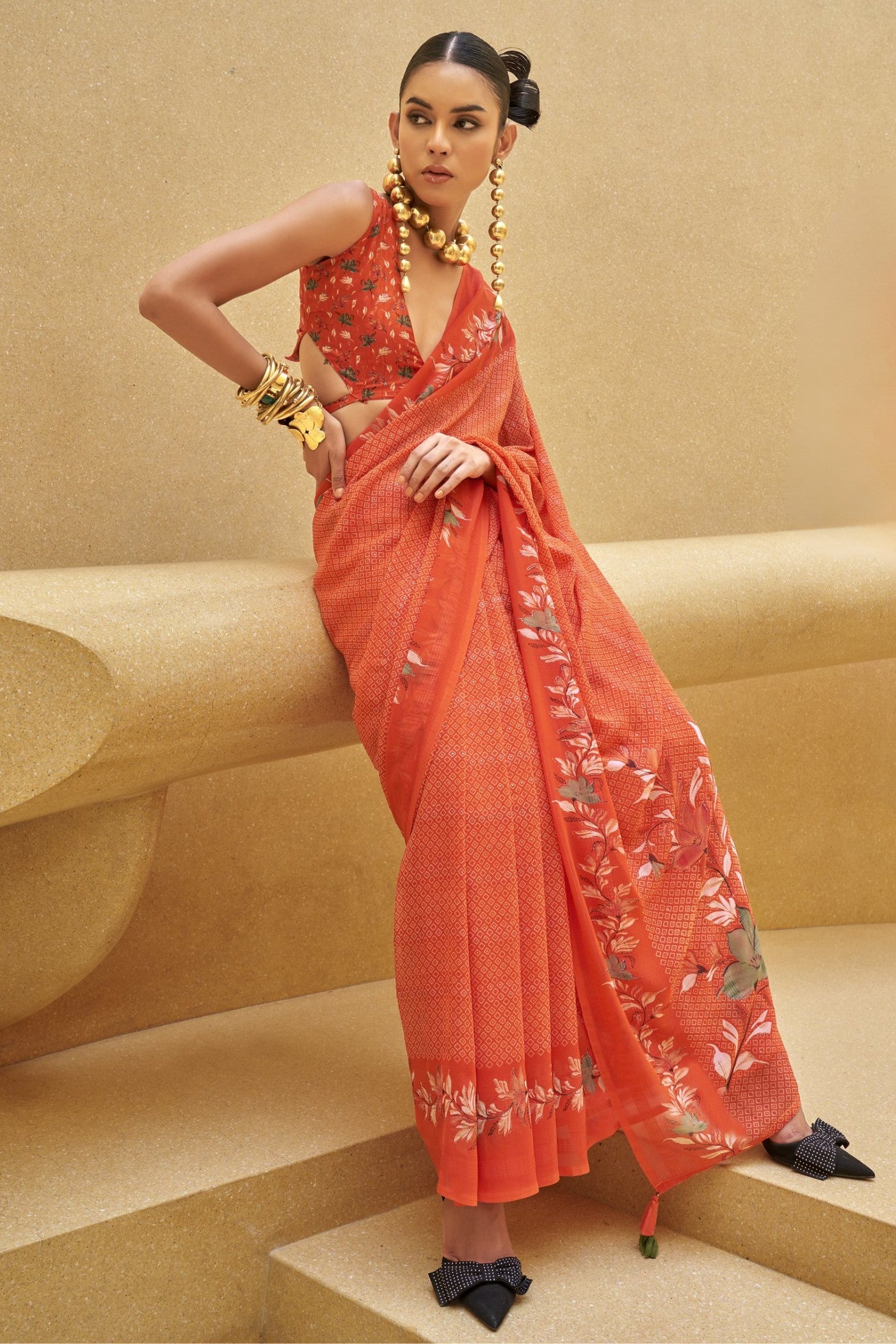 Buy MySilkLove Aboli Orange Georgette Printed Saree Online