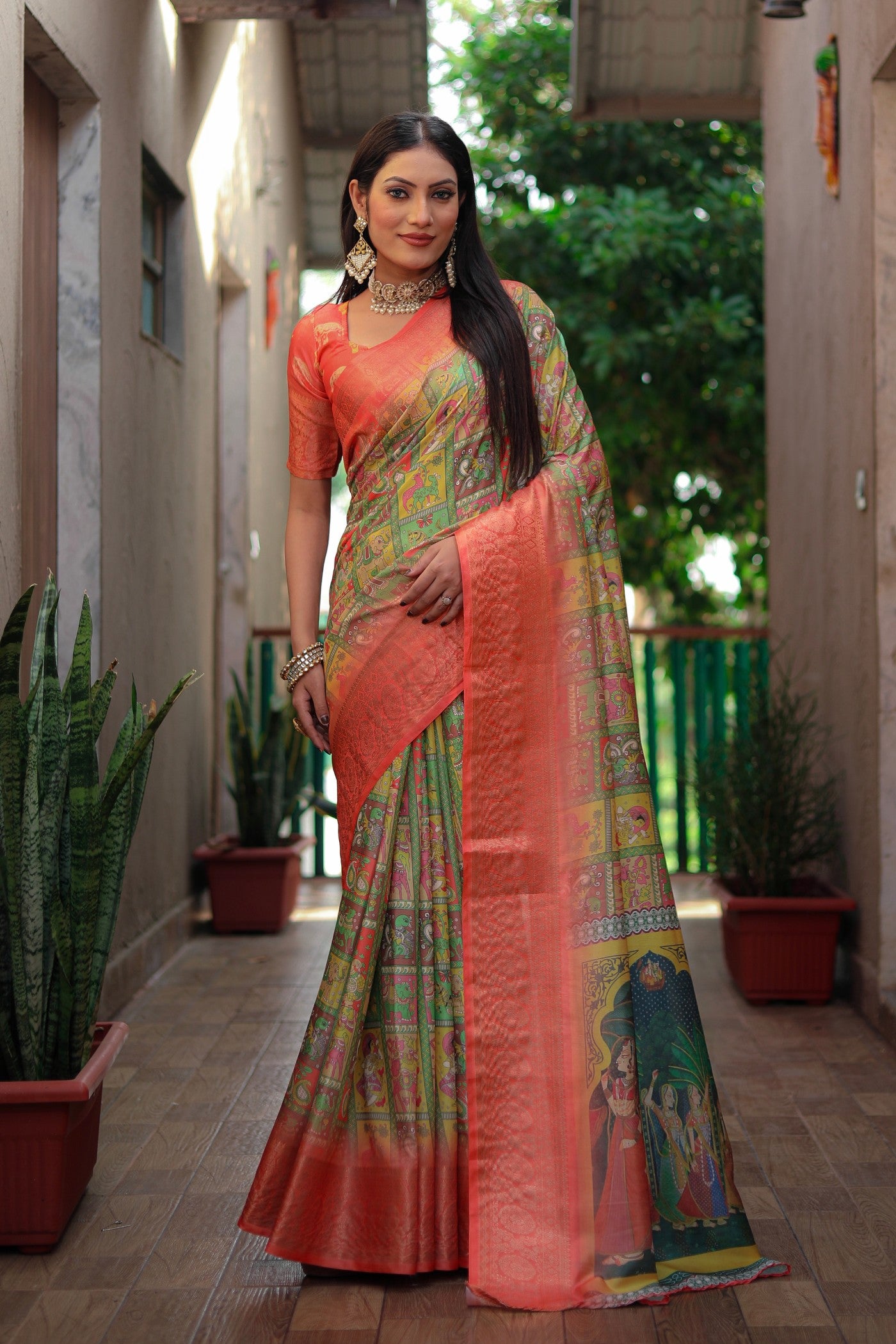 Buy MySilkLove Sun Yellow and Orange Digital Printed Kalamkari Saree Online