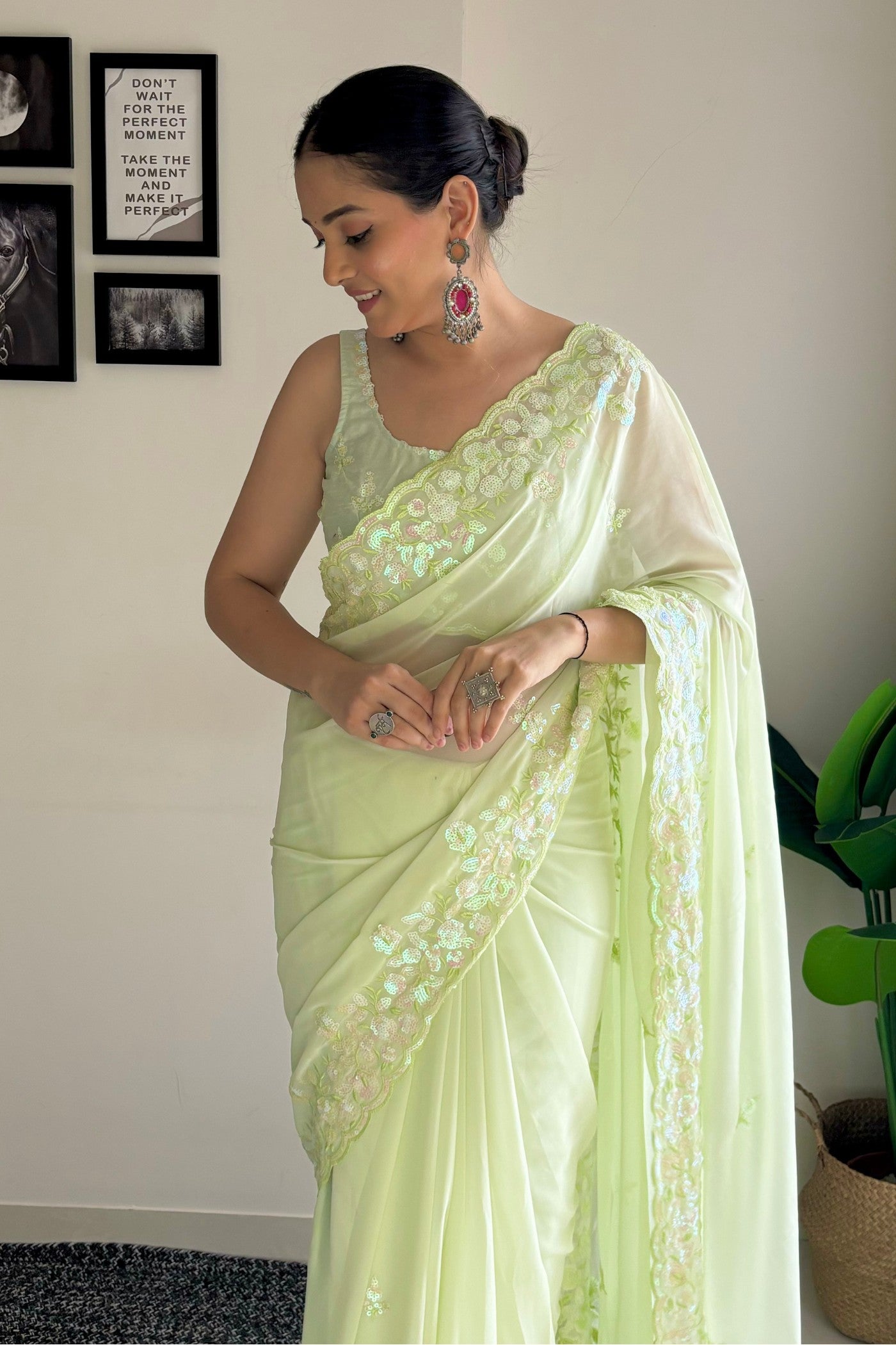 MySilkLove Pineapple Green Embroidery Georgette saree