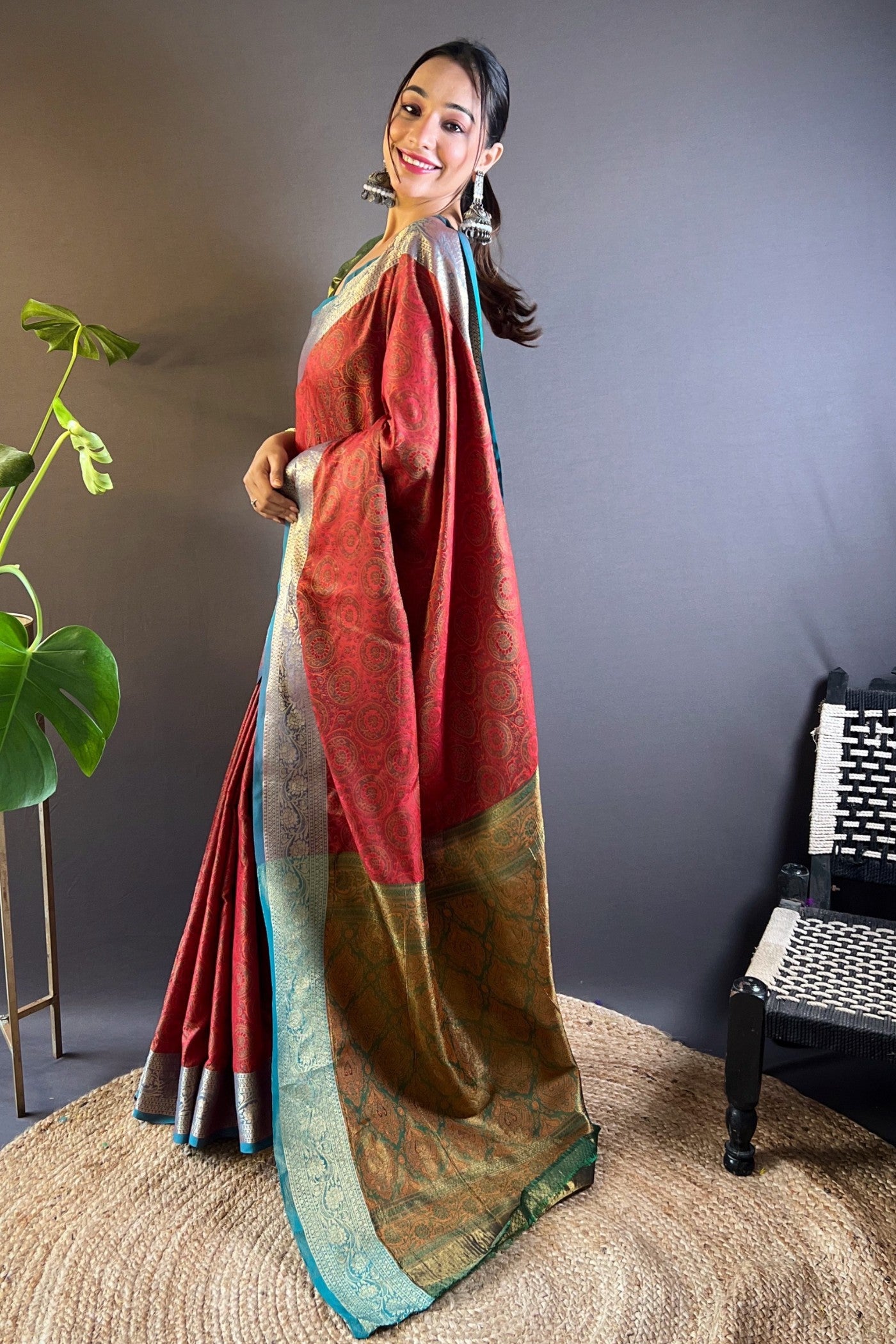 Buy MySilkLove Apple Blossom Red Woven Banarasi Saree Online