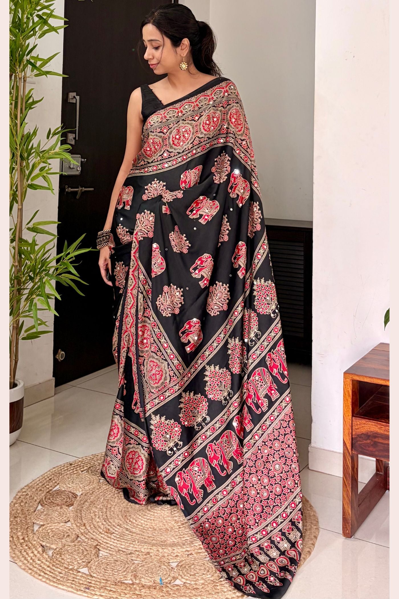 Buy MySilkLove Raven Black Ajrakh Satin Printed Mirror Work Saree Online