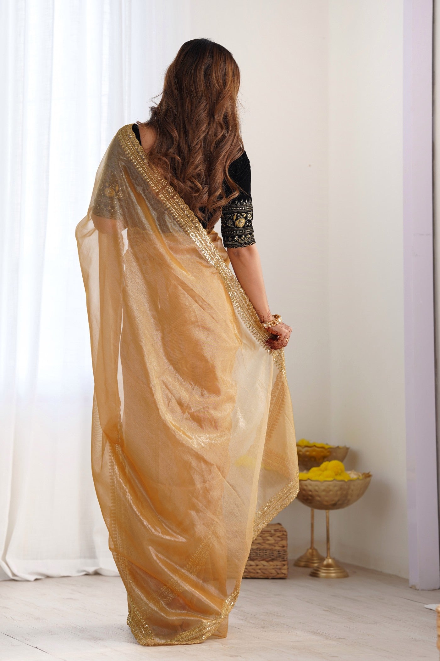 Buy MySilkLove Gold Fusion Embroidered Partywear Saree Online