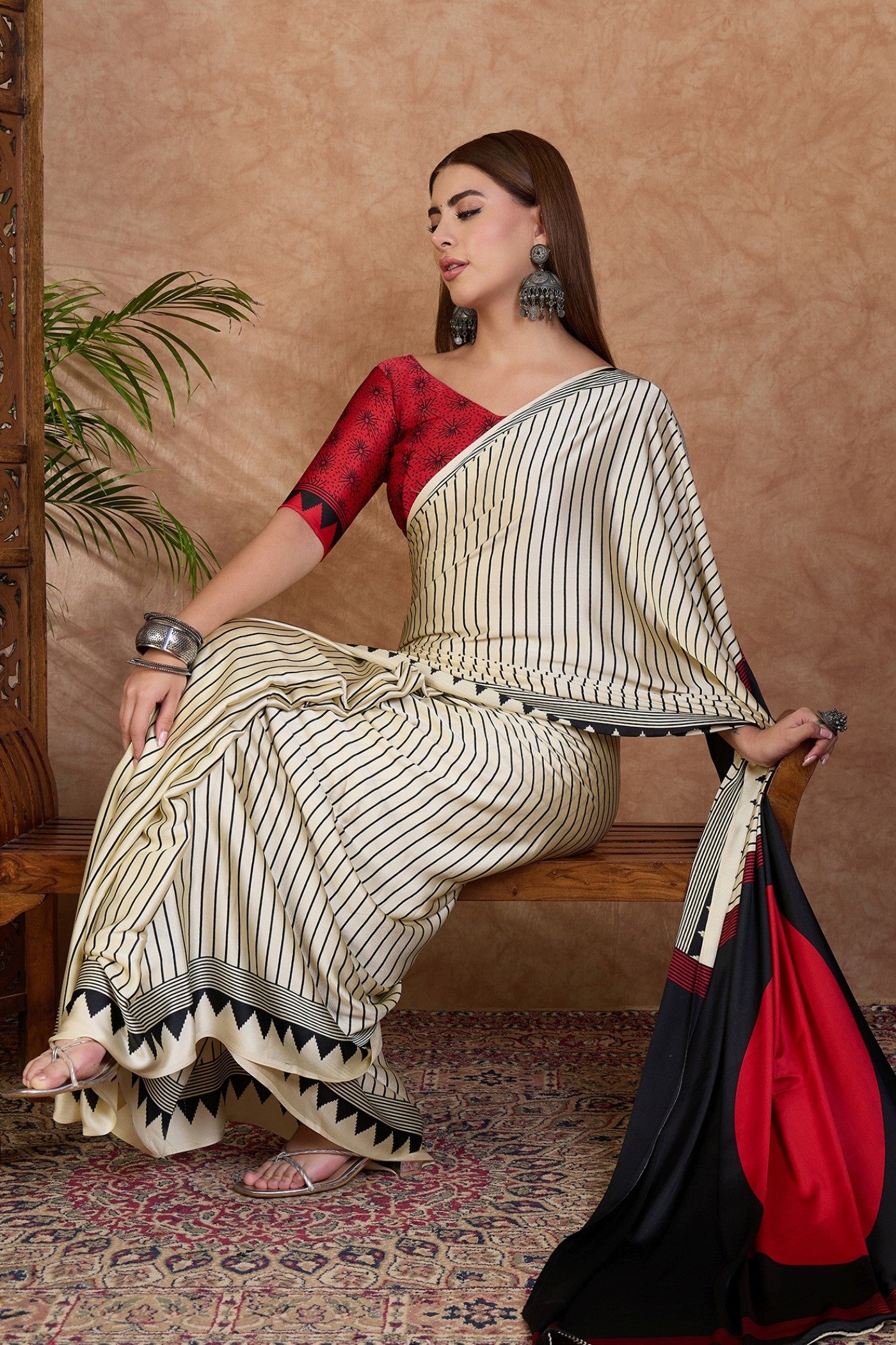 Buy MySilkLove Bone White and Red Stripe Ajrakh Printed Satin Crepe Silk Saree Online
