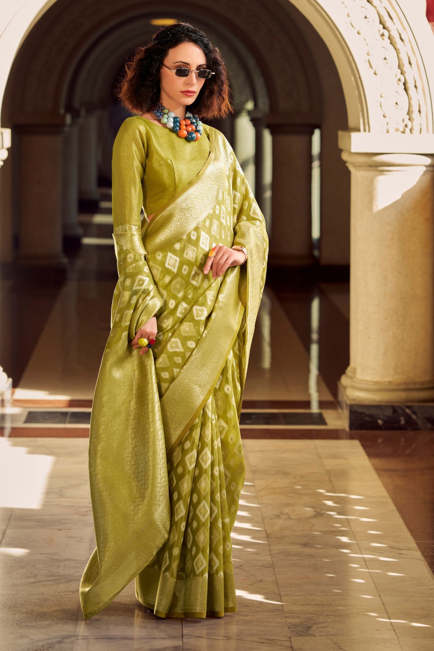 Buy MySilkLove Pesto Green Tissue Silk Saree Online