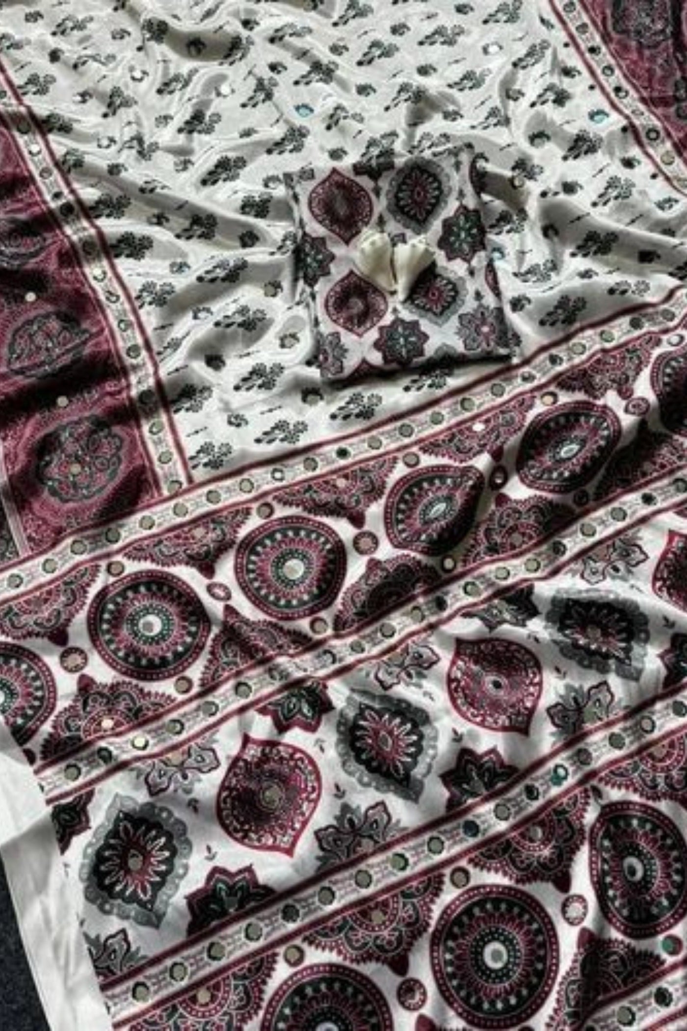 Buy MySilkLove Fawn Beige Modal Ajrakh Satin Printed Mirror Work Saree Online