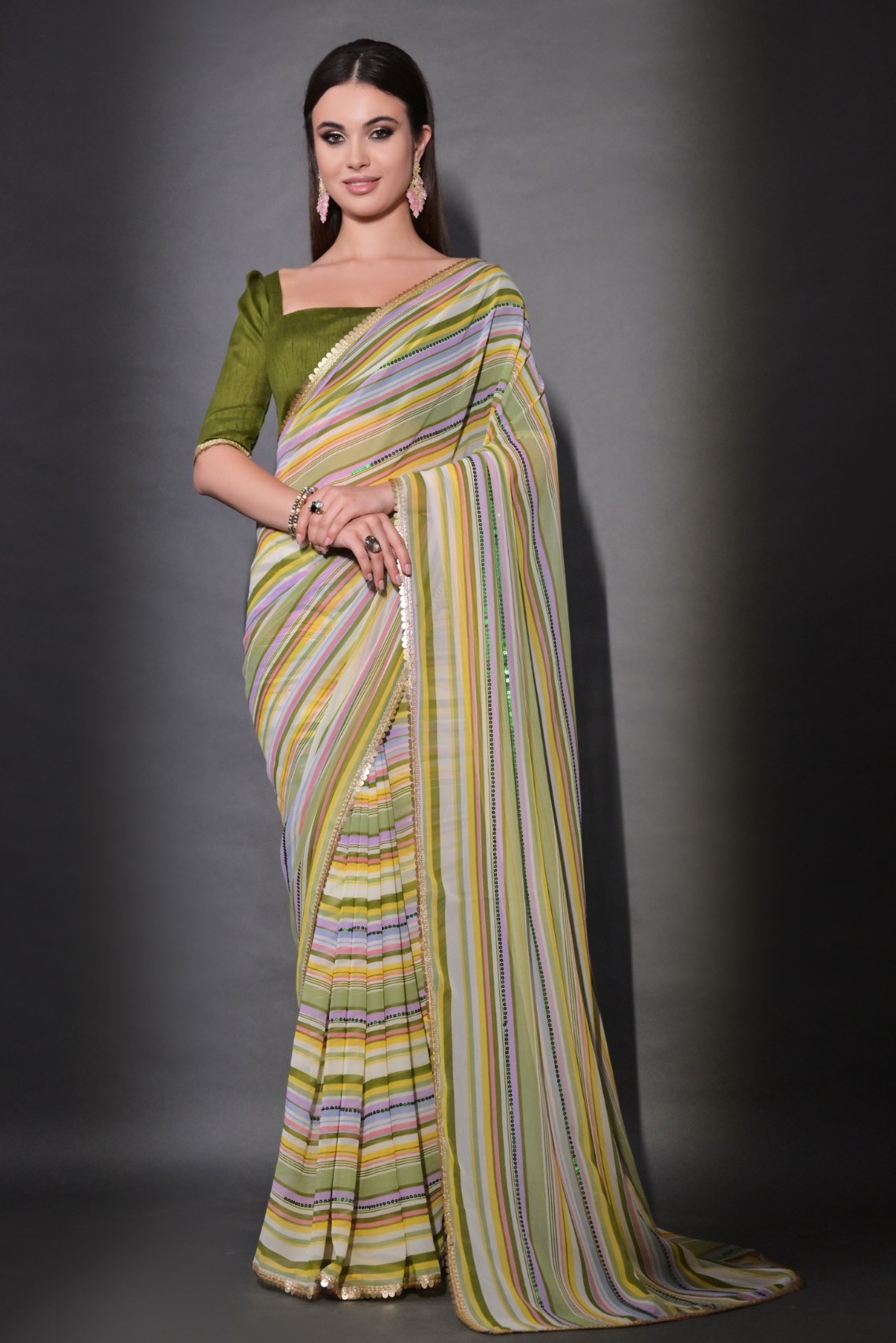 Buy MySilkLove Spanish Green Georgette Lehriya Silk Saree Online