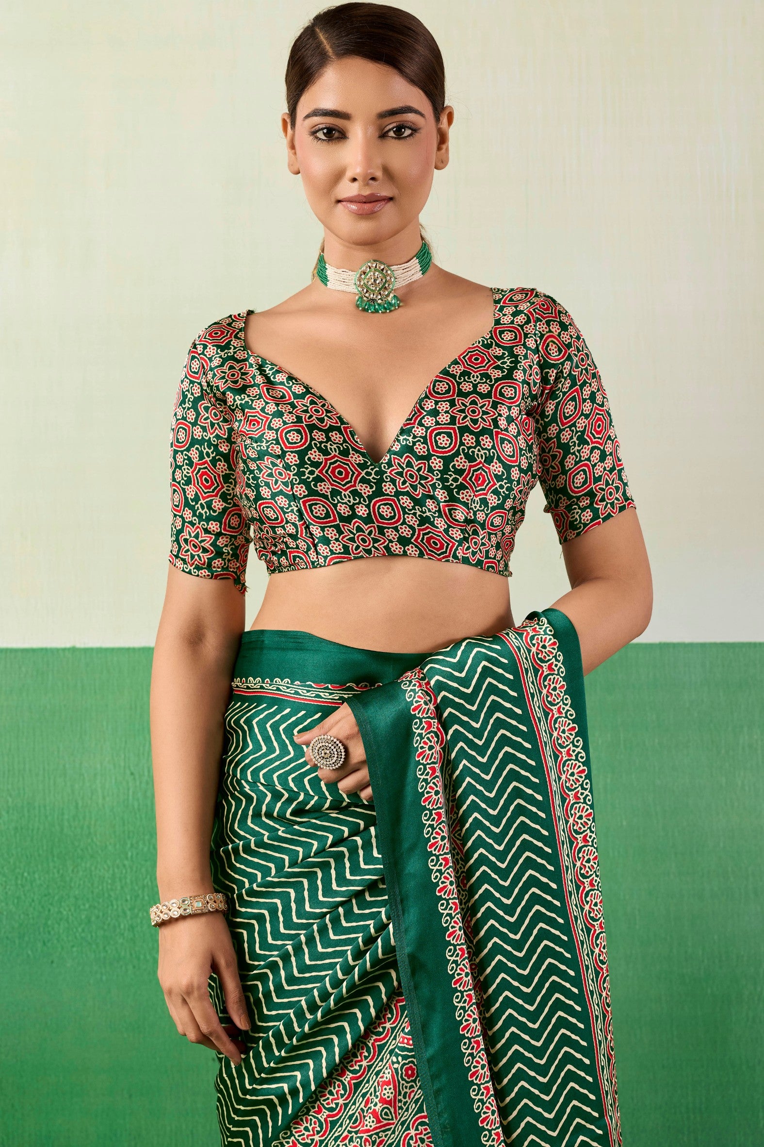 Buy MySilkLove Spring Green Modal Ajrakh Satin Printed Silk Saree Online