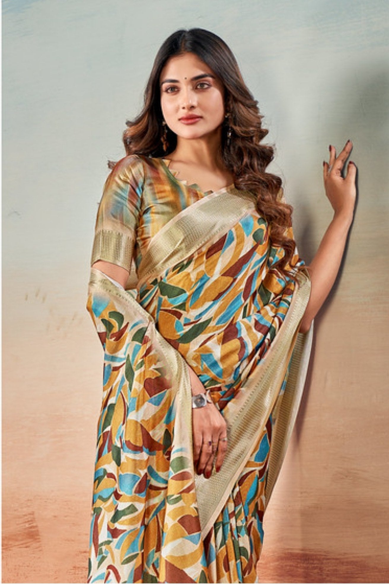 MySilkLove Beige Banarasi Digital Printed Saree