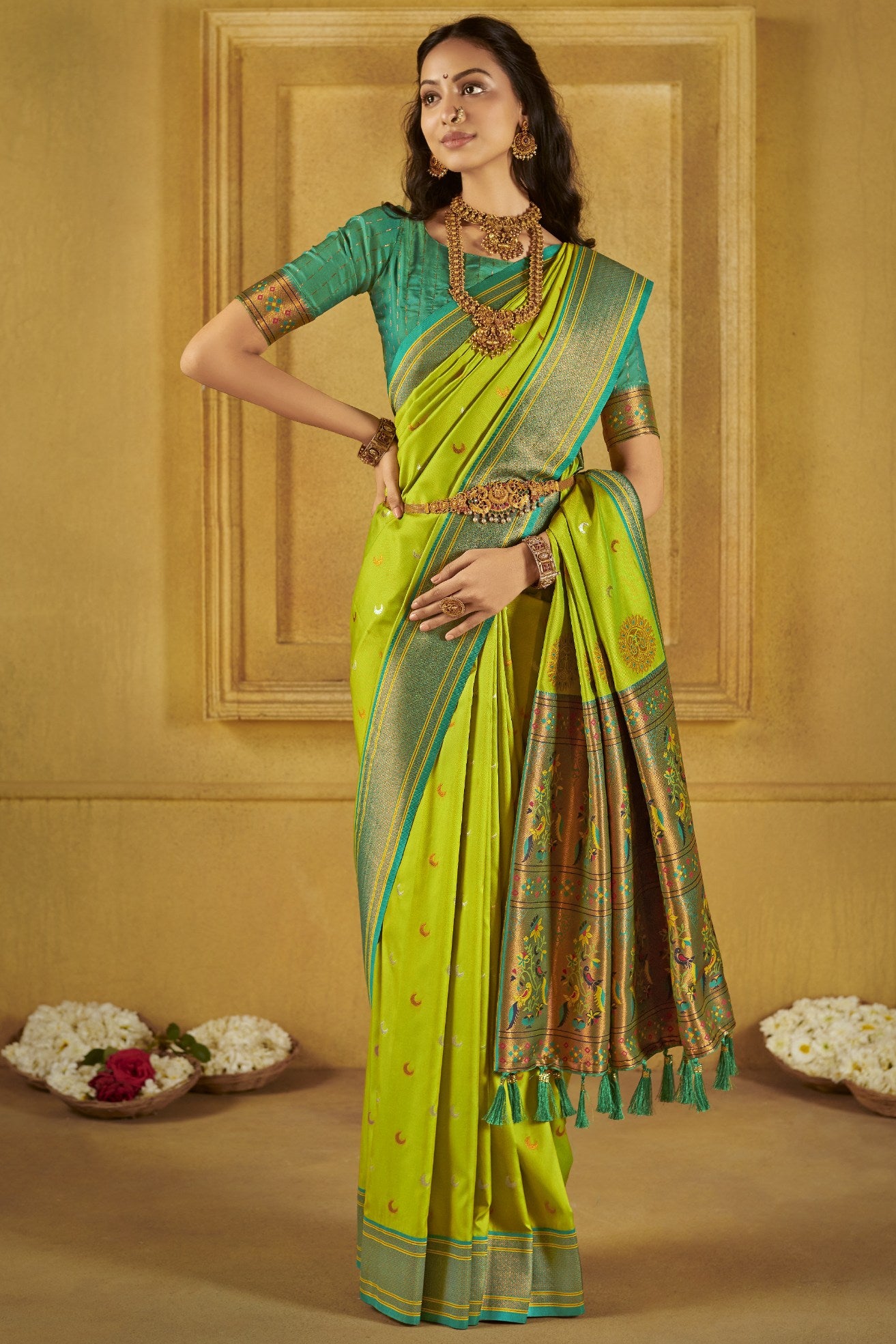 Buy MySilkLove Parrot Green Woven Paithani Saree Online