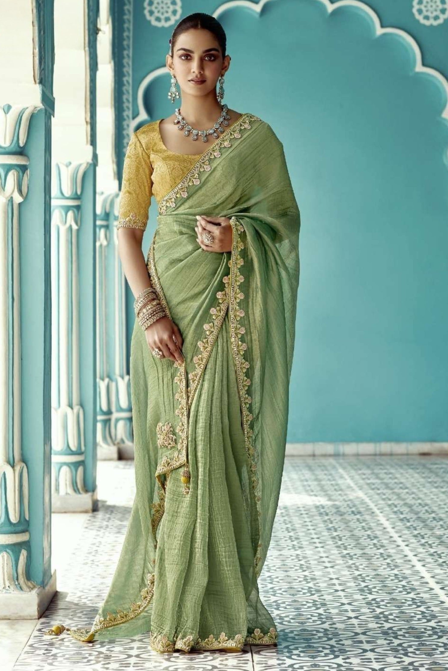 Buy MySilkLove Lichen Green Embroidered Tissue Designer Saree Online