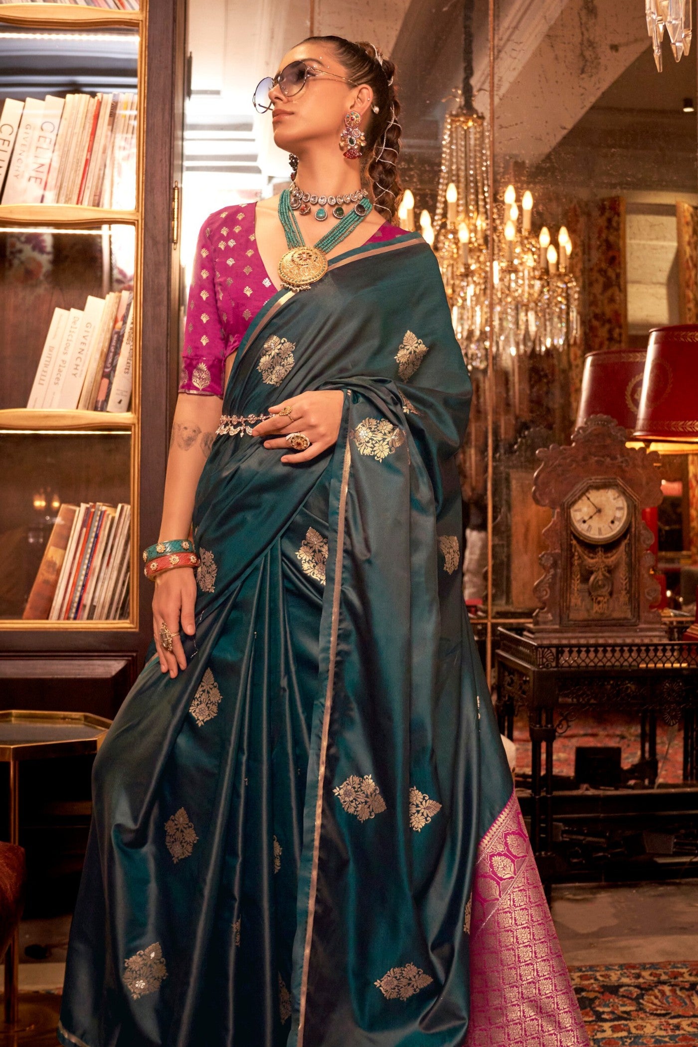 Buy MySilkLove Bunker Green Banarasi Satin Saree Online