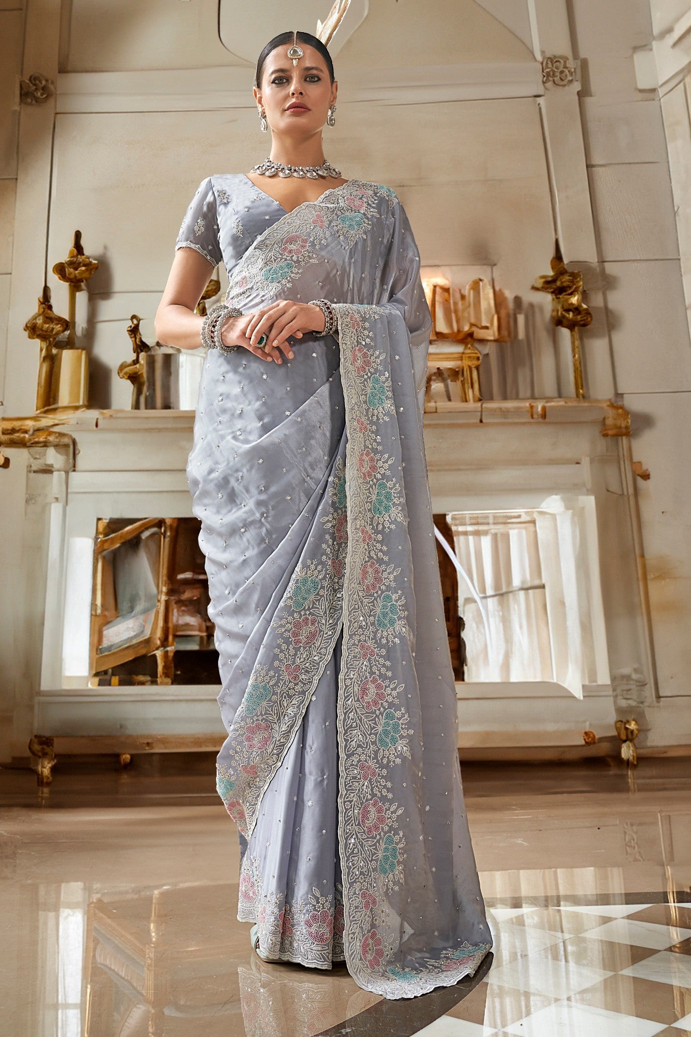 Buy MySilkLove Silver Grey Embroidery Designer Saree Online