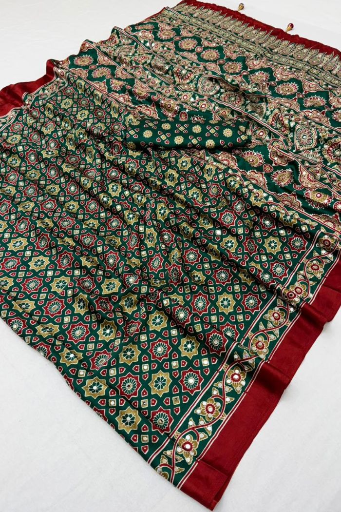 Buy MySilkLove Evergreen and Red Modal Ajrakh Satin Printed Mirror Work Saree Online