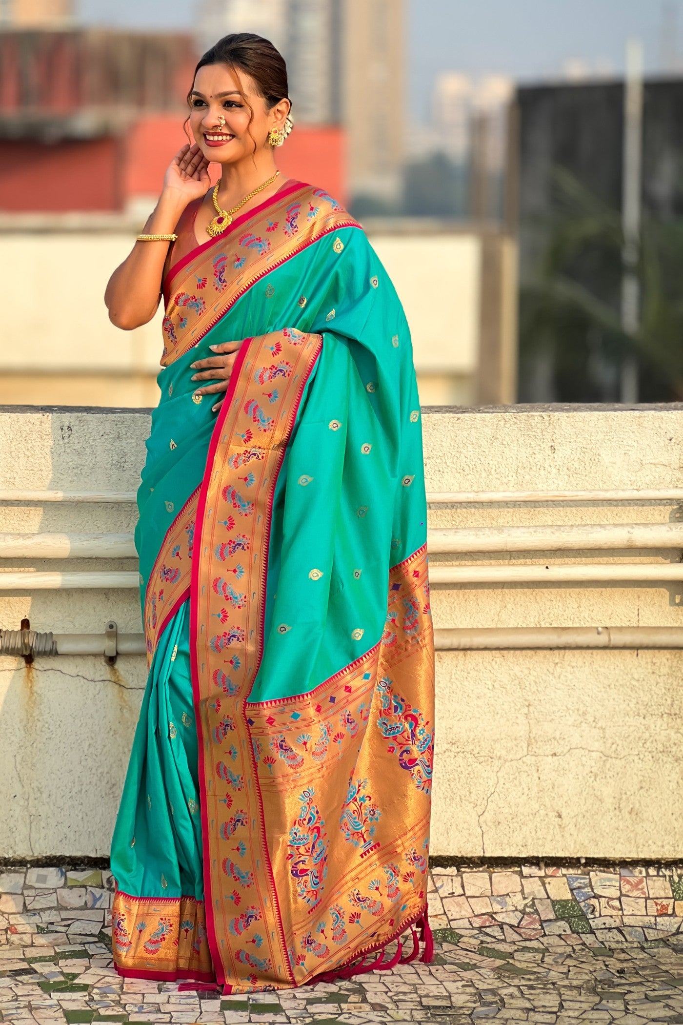 Buy MySilkLove Bright Turquoise Blue Woven Lotus Paithani Saree Online