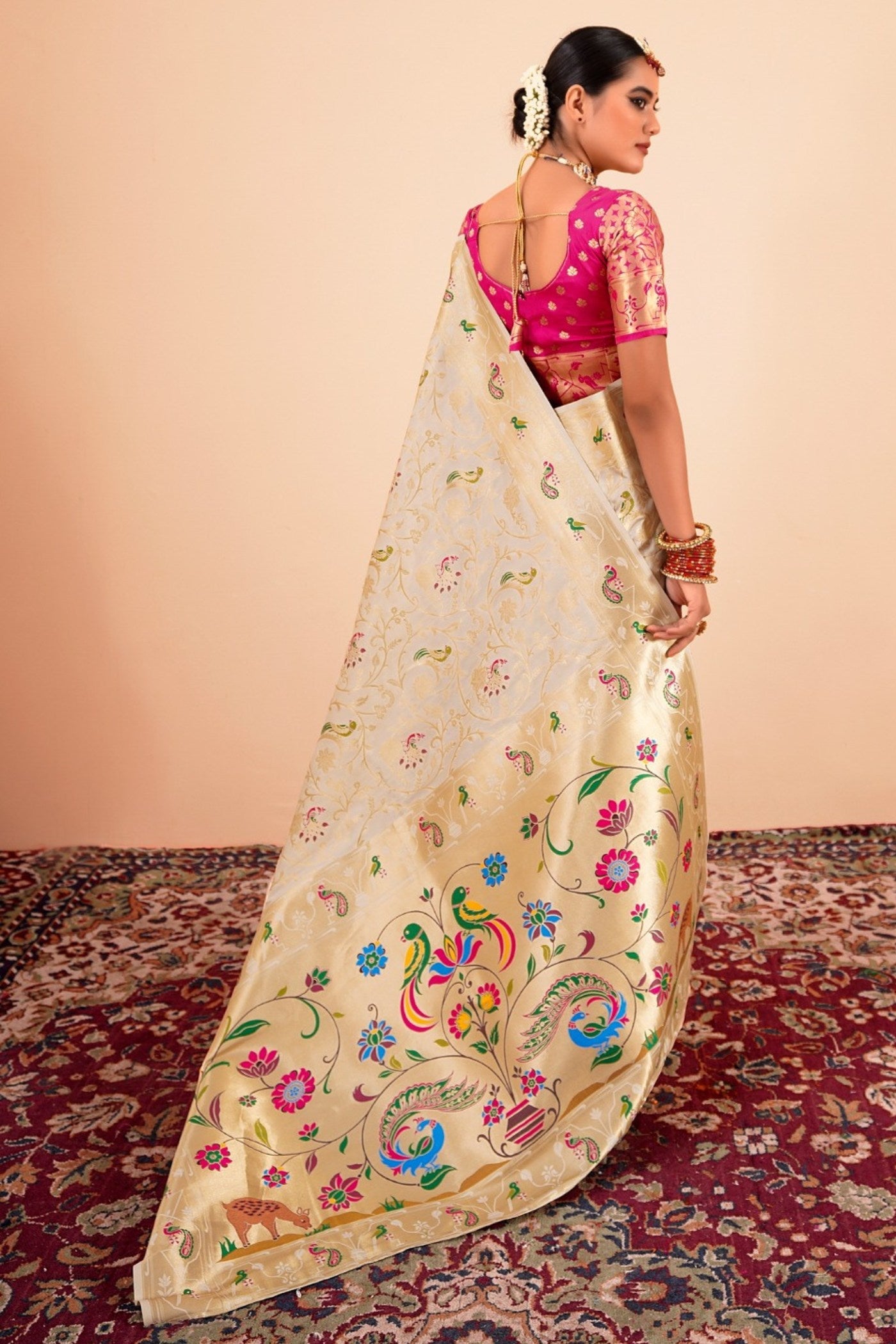 Buy MySilkLove Vanilla Cream Woven Paithani Saree Online