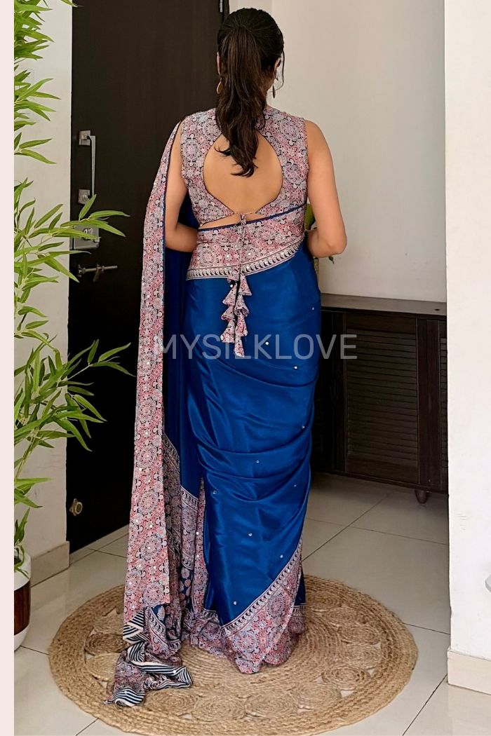 Buy MySilkLove Spruce Blue Ajrakh Satin Modal Silk Saree Online