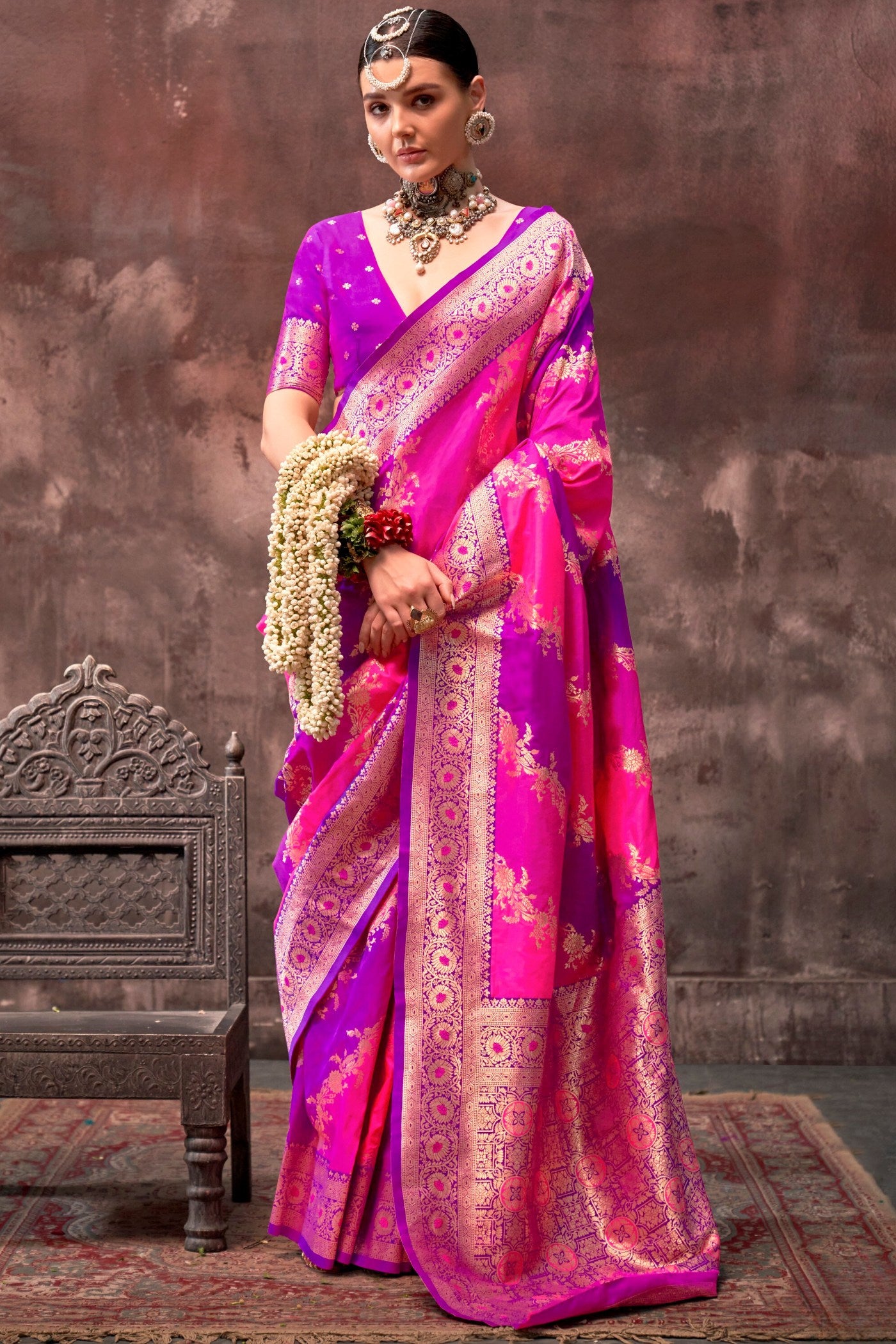 Buy MySilkLove Frostbite Pink and Purple Rangkaat Handloom Banarasi Saree Online