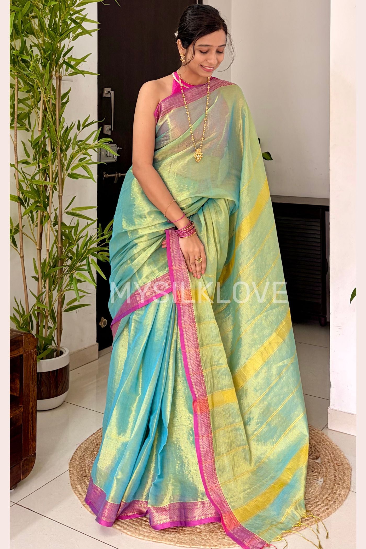 Buy MySilkLove Moss Green Tissue Woven Silk Saree Online
