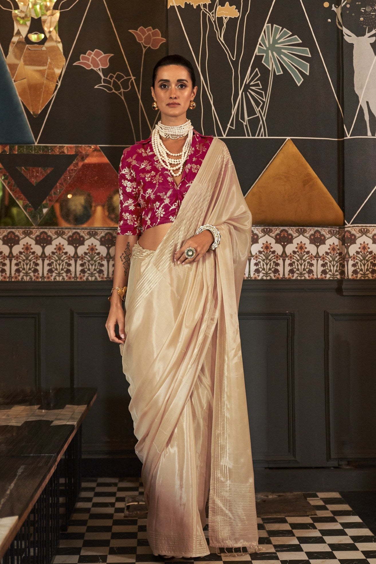 Buy MySilkLove Brandy Cream Viscose Satin Handloom Saree Online