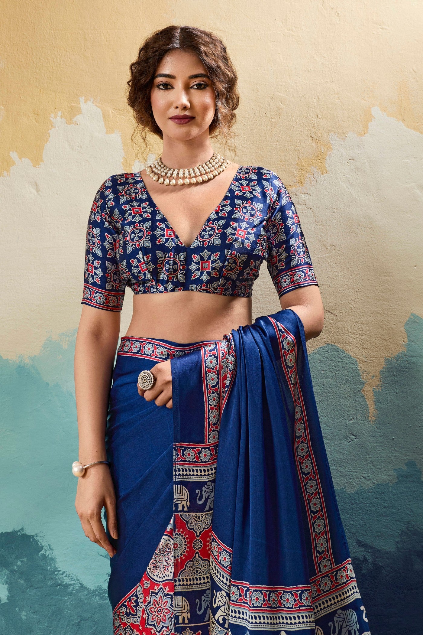 Buy MySilkLove Cloudy Blue Modal Ajrakh Satin Printed Silk Saree Online