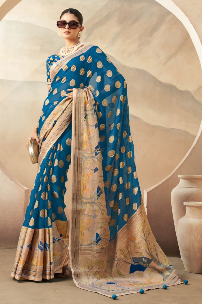 Buy MySilkLove Winston Blue Woven Georgette saree Online