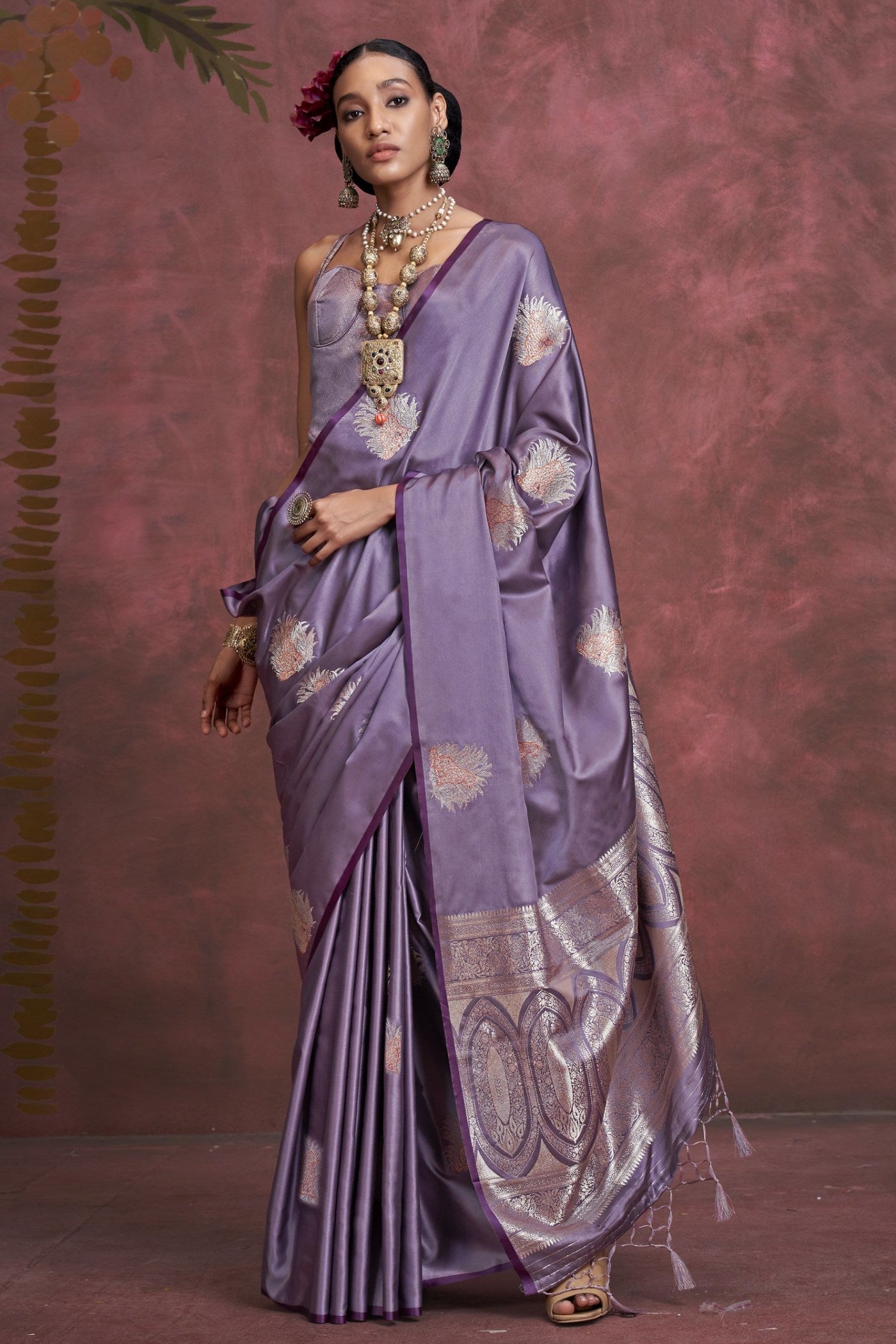 Buy MySilkLove Brandy Purple Handloom Satin Banarasi Saree Online