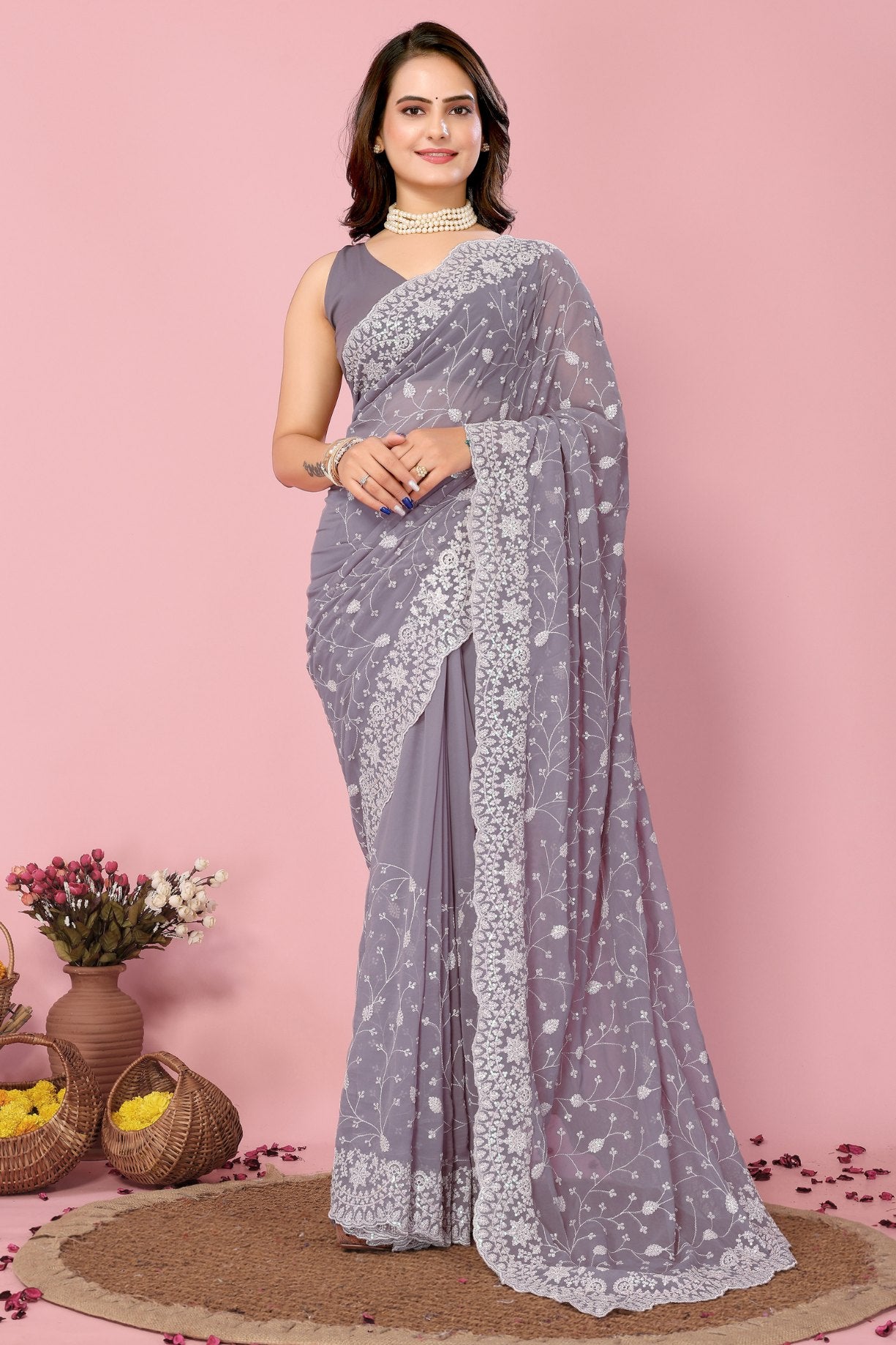 Buy MySilkLove Mountain Mist Grey Georgette Embroidered Silk Saree Online