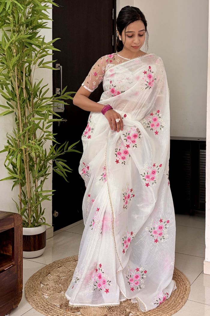 Buy MySilkLove Snow White Floral Hand Embroidered Crush Tissue Saree Without Blouse Online