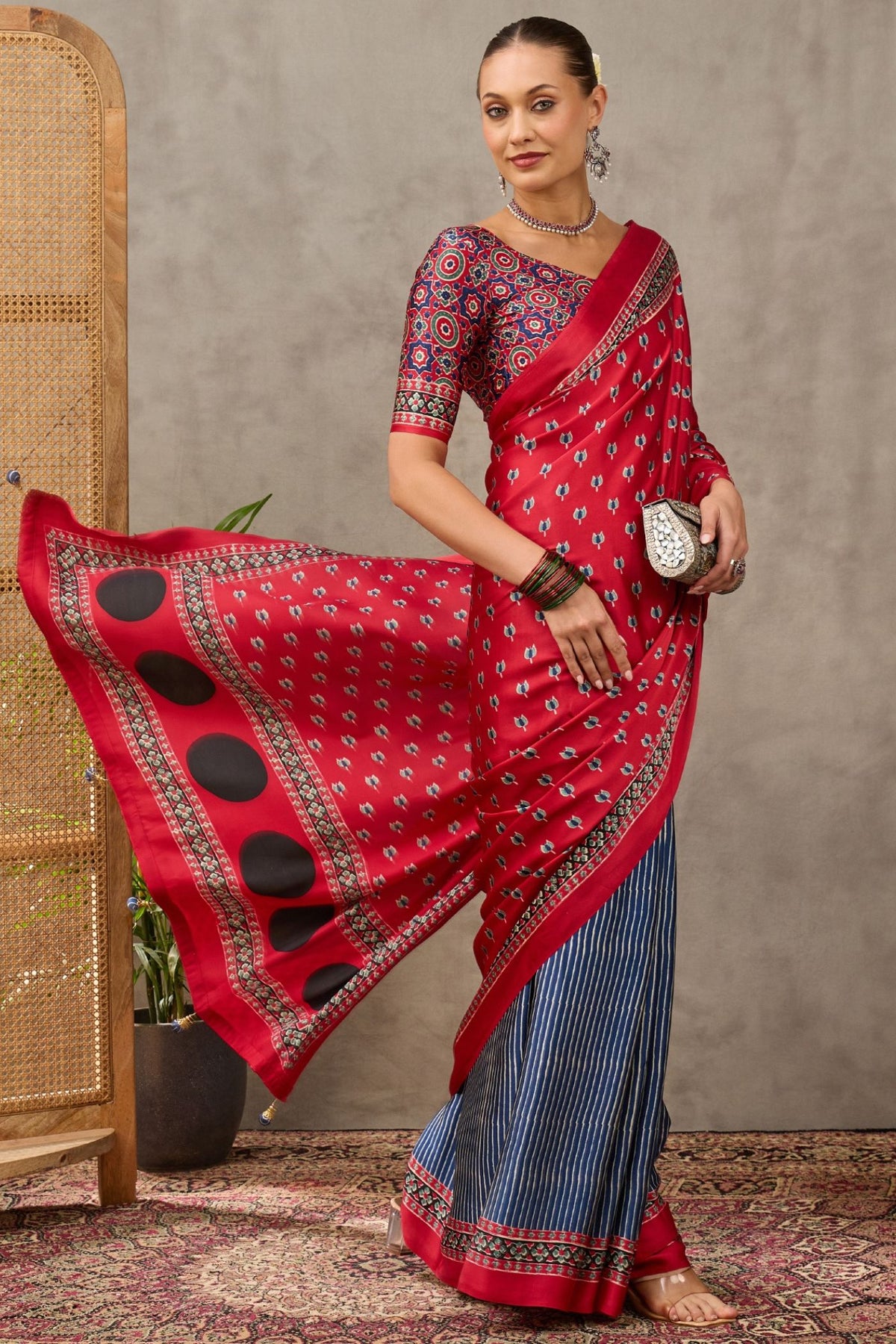 Buy MySilkLove Vermilion Red and Blue Modal Satin Printed Silk Saree Online