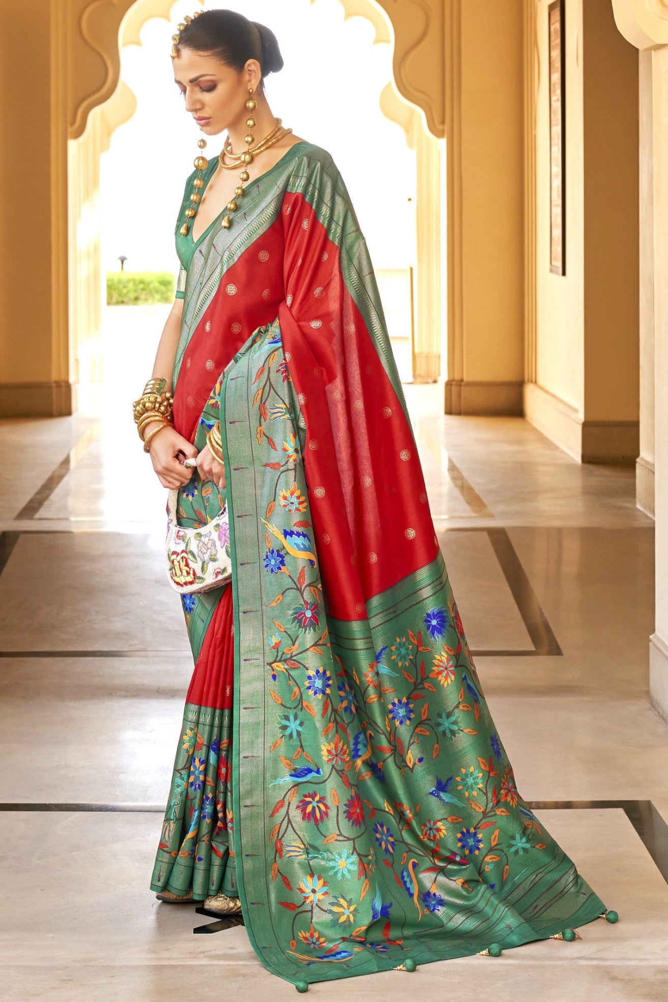 Buy MySilkLove Red Chilli and Green Woven Paithani Designer Saree Online