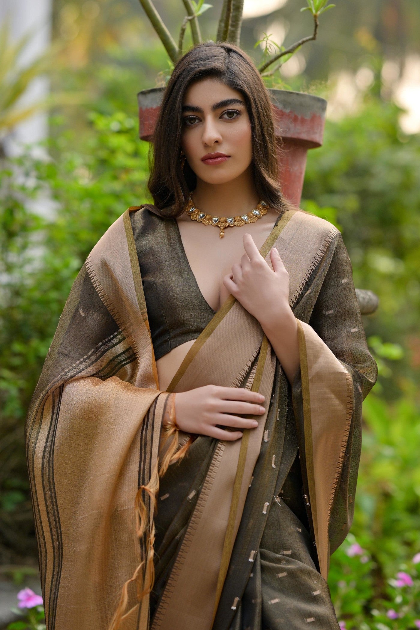 MySilkLove Moss Brown Woven Banarasi Saree