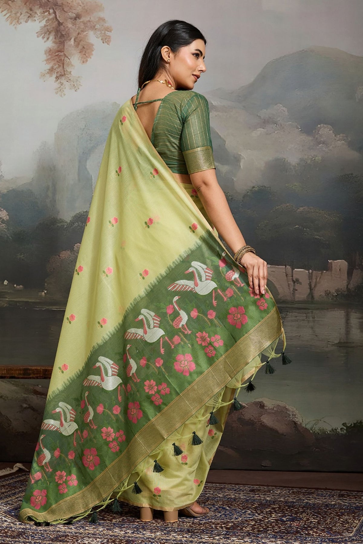 Buy MySilkLove Willow Green Cotton Handloom Swan Saree Online