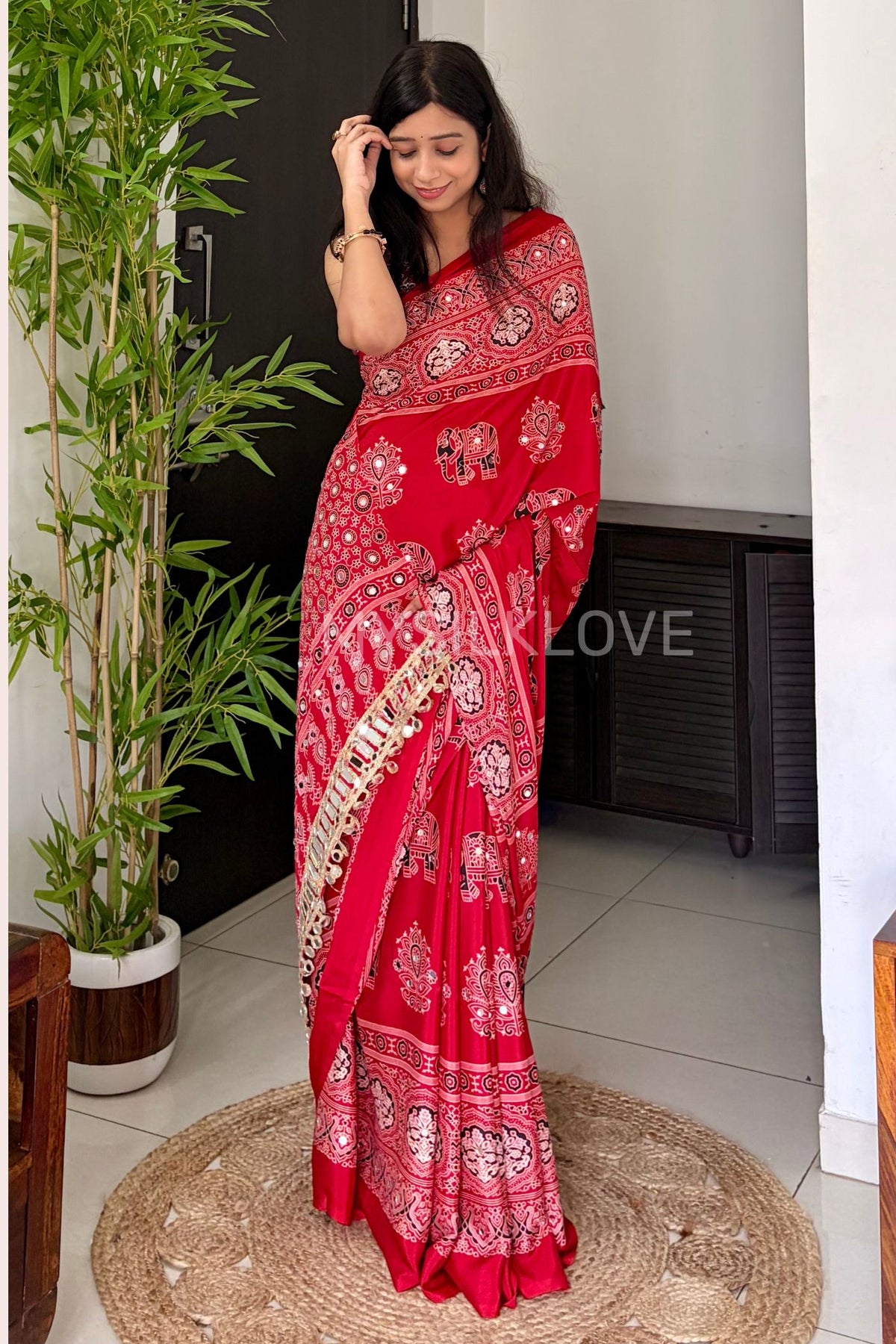 Buy MySilkLove Jam Red Ajrakh Satin Printed Mirror Work Saree Online